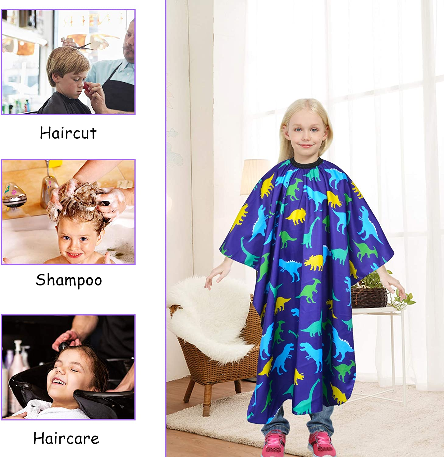 Kids Haircut Cape, Unicorn Dinosaur Barber Cape with Adjustable Neckline, Hair Cutting Cover Apron Gown for Girls Boys