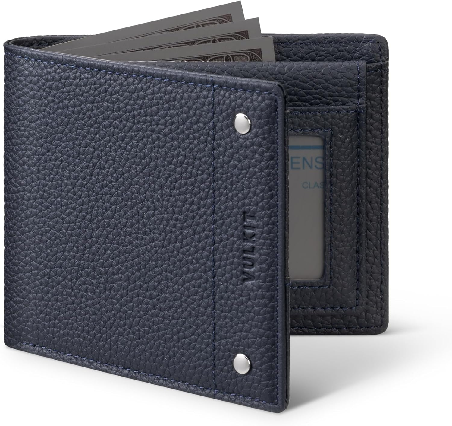 VULKIT Men'S Bifold Wallet Genuine Leather Wallet RFID Blocking with Multiple Card Slots and Double ID Windows Everyday Carry Wallet