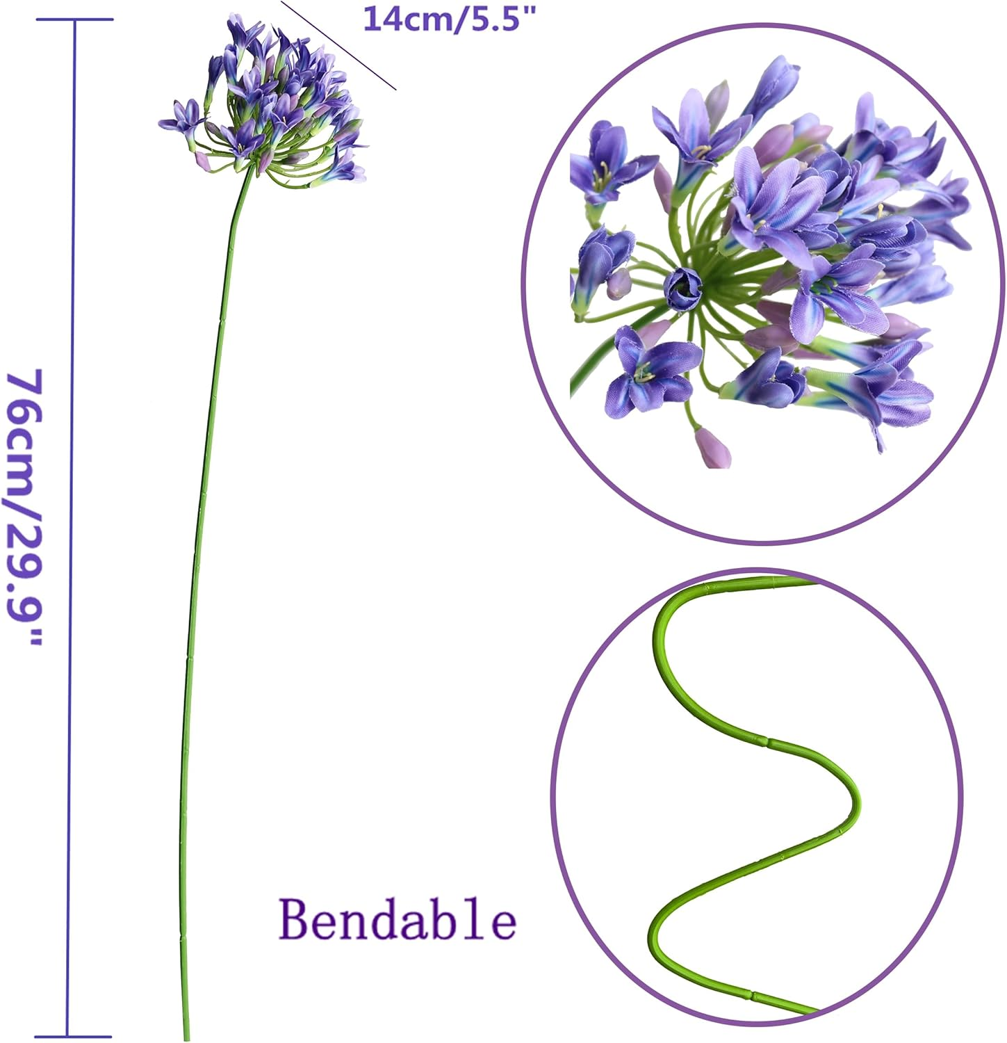 6PCS Artificial Agapanthus Flowers Long Stems Silk Lily Flowers for Home Hotel Flower Arrangement Party Decor (White Purple) image number 5