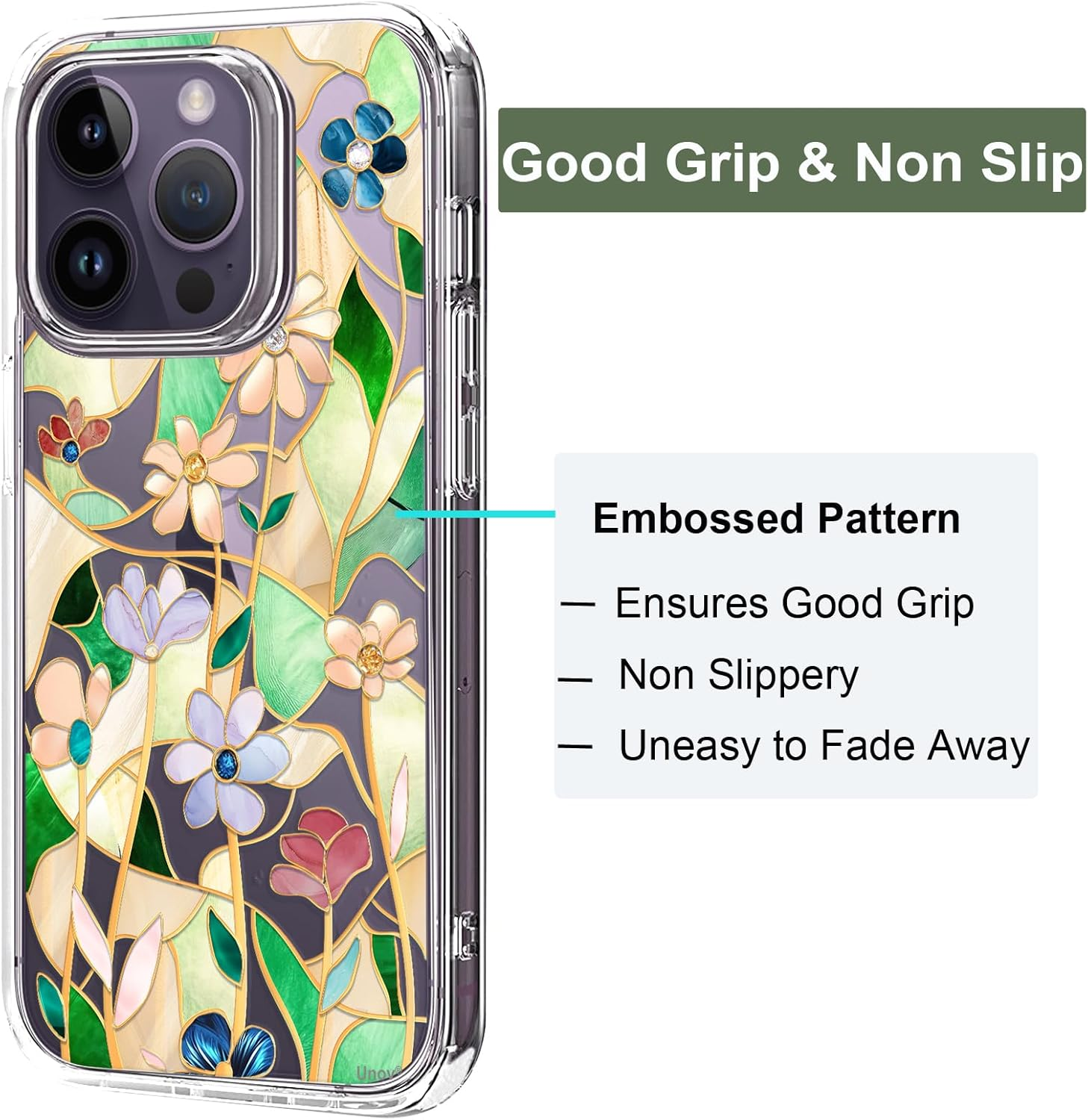 Unov Case Compatible with Iphone 14 Pro Case Clear with Design Embossed Floral Pattern Soft TPU Bumper Slim Protective 6.1 Inch (Stained Glass Flower) image number 4
