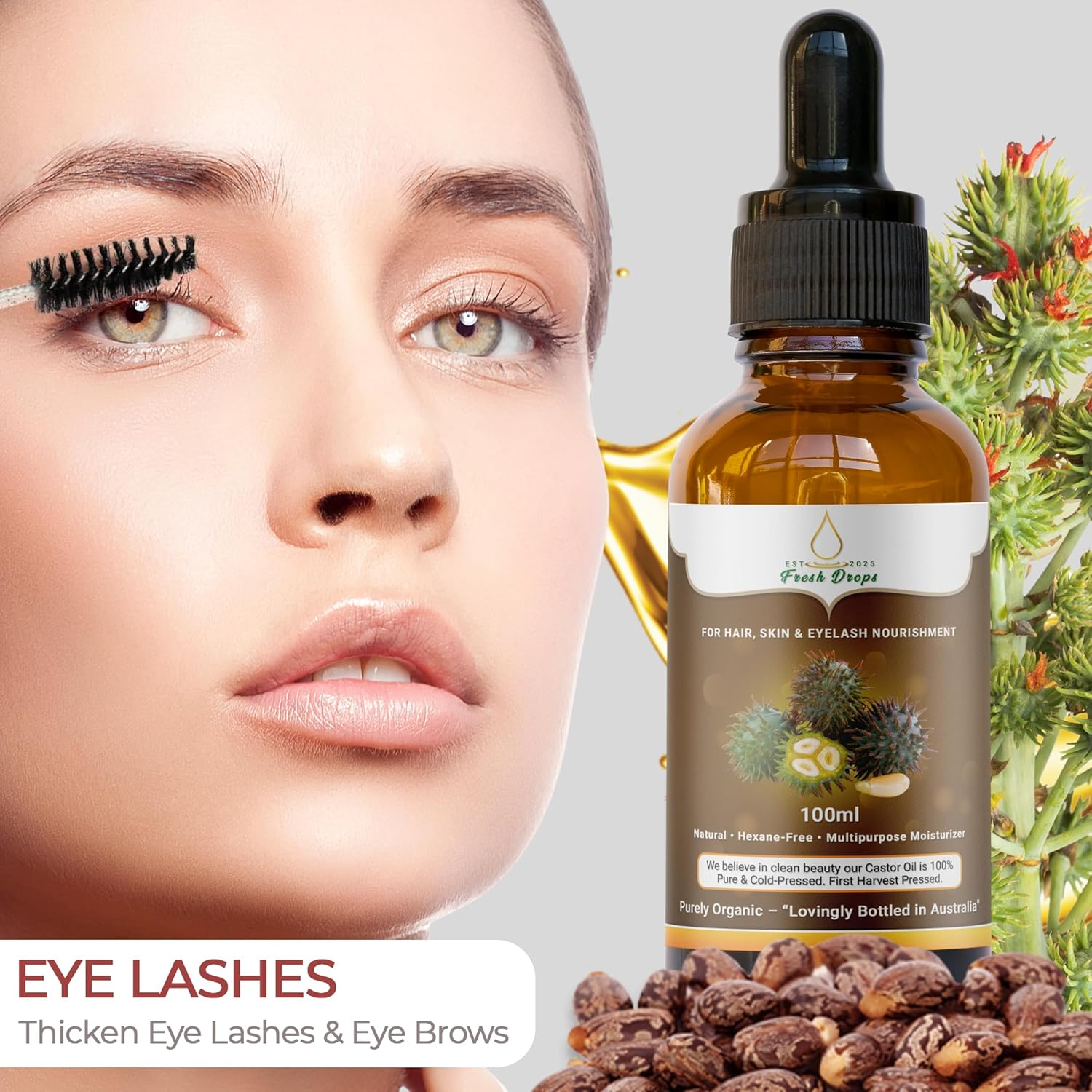 Fresh Dropsorganic Castor Oil100Ml, Pure Cold Pressed, Hexane Free, Fresh Drops- Stimulate Growth for Eyelashes, Eyebrows, and Hair, Smooth Face, and Skin image number 1