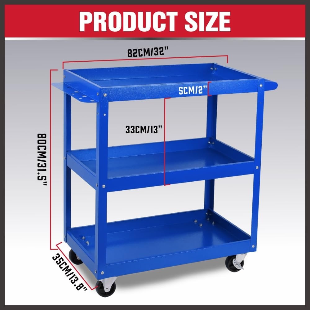 HORUSDY Blue 3-Tier Tool Storage Trolley, Workshop Steel Tool Cart Mechanic Swivel Lockable Wheel with Screwdriver Holder, 150KG Capacity - Red image number 2