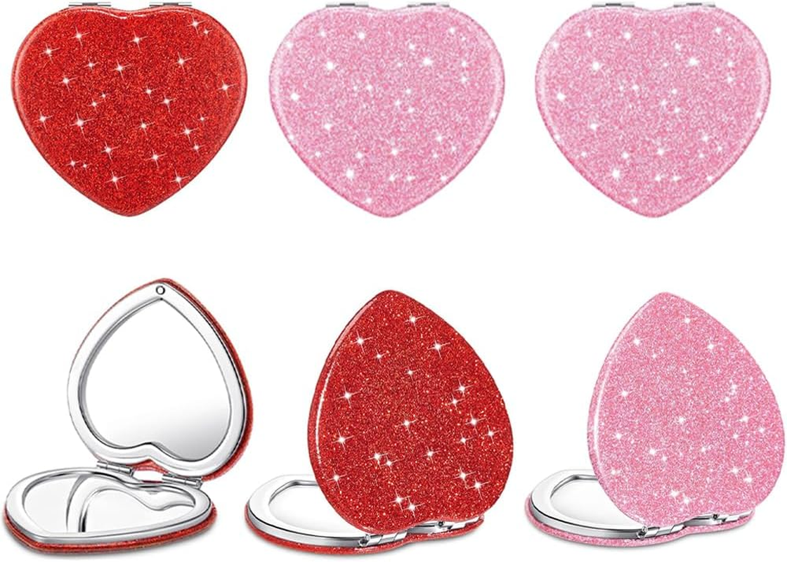 6 Pack Heart Compact Folding Mirror,Double Sided Cute Glitter Cosmetic,Portable Mini Pocket Makeup Mirror,For Handbag,Wallet,Home,Office,Travel image number 4