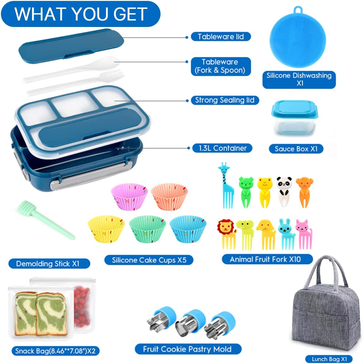 Bento Lunch Box, 1300Ml 16 Pcs Bento Box Adult Lunch Box,4 Compartment Bento Box Lunch Box Containers, Leak-Proof,Microwave/Dishwasher/Freezer Safe (Blue) image number 2