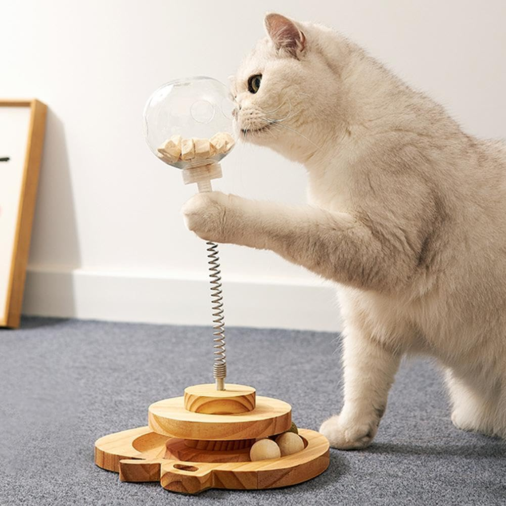 Interactive Cat Feeder Toys for Indoor Cats, Cat Ball Toy Cat Treat Dispenser Leaking Food Ball, Slow Feeders Spring Toys Wooden Automatic Cat Toy Cat Puzzle Feeder Toy /1623 image number 6