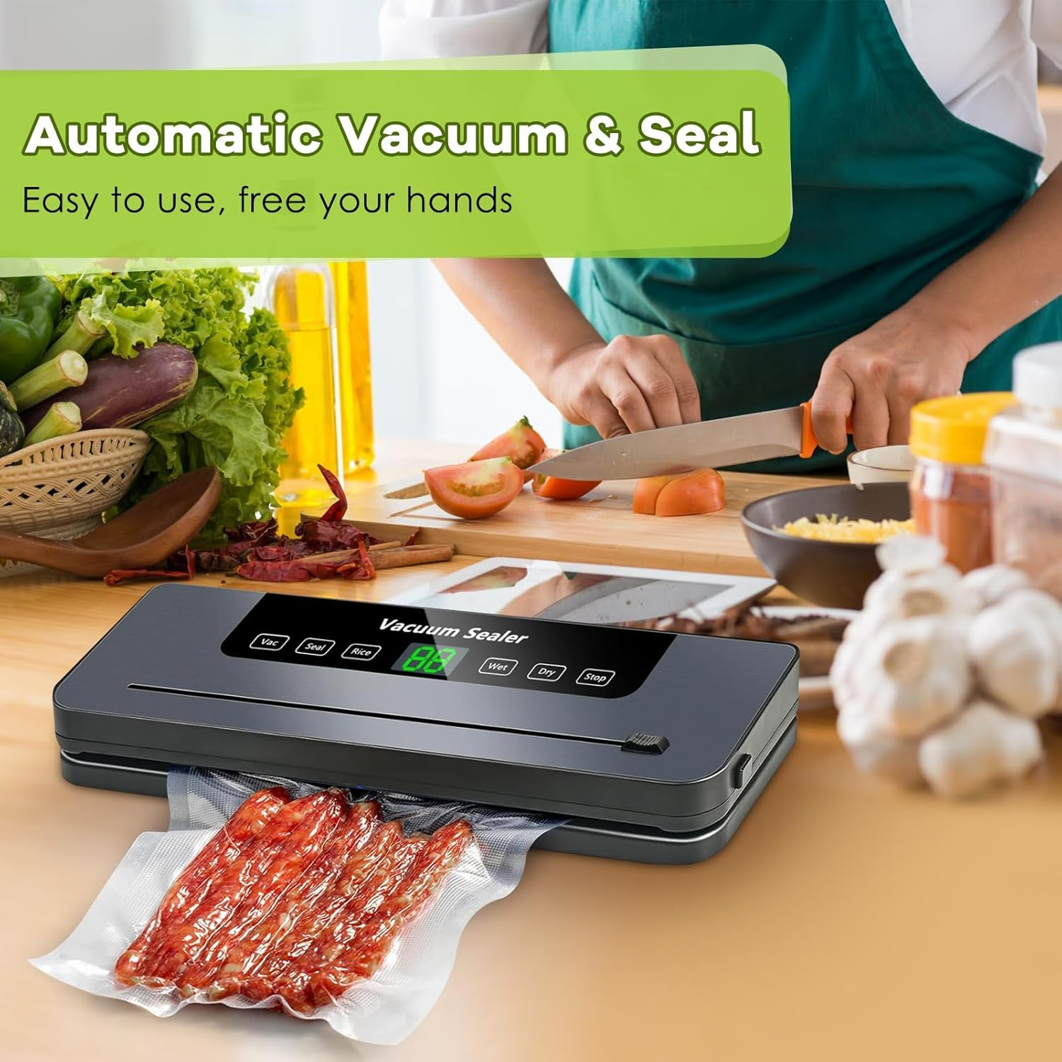 TOJUNE Vacuum Sealer Machine Set, 30 Cm Longer Seal, 65Kpa Powerful 6 in 1 Automatic Air Sealing for Food Storage and Sous Vide with 50 Pcs Bags, Built-In Cutter and LED Display, AU Plug 220V (Grey) image number 3