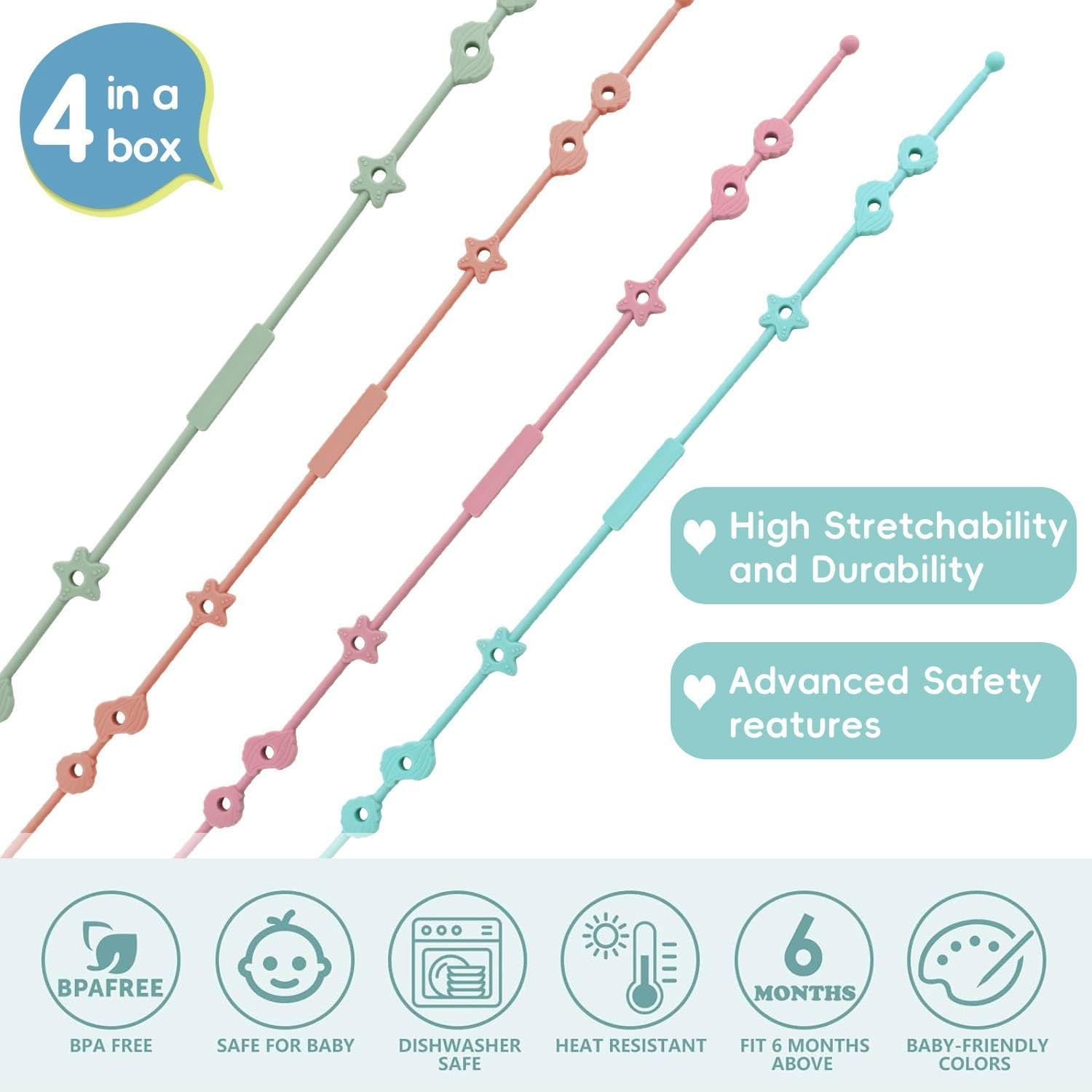 4 Pack Dummy Clip Baby Toy Straps, Silicone High Chair & Stroller Straps, Pacifier Clip Holder with One Piece Design, Soft Flexible Binky Clips with Texture for Baby Boys and Girls image number 4