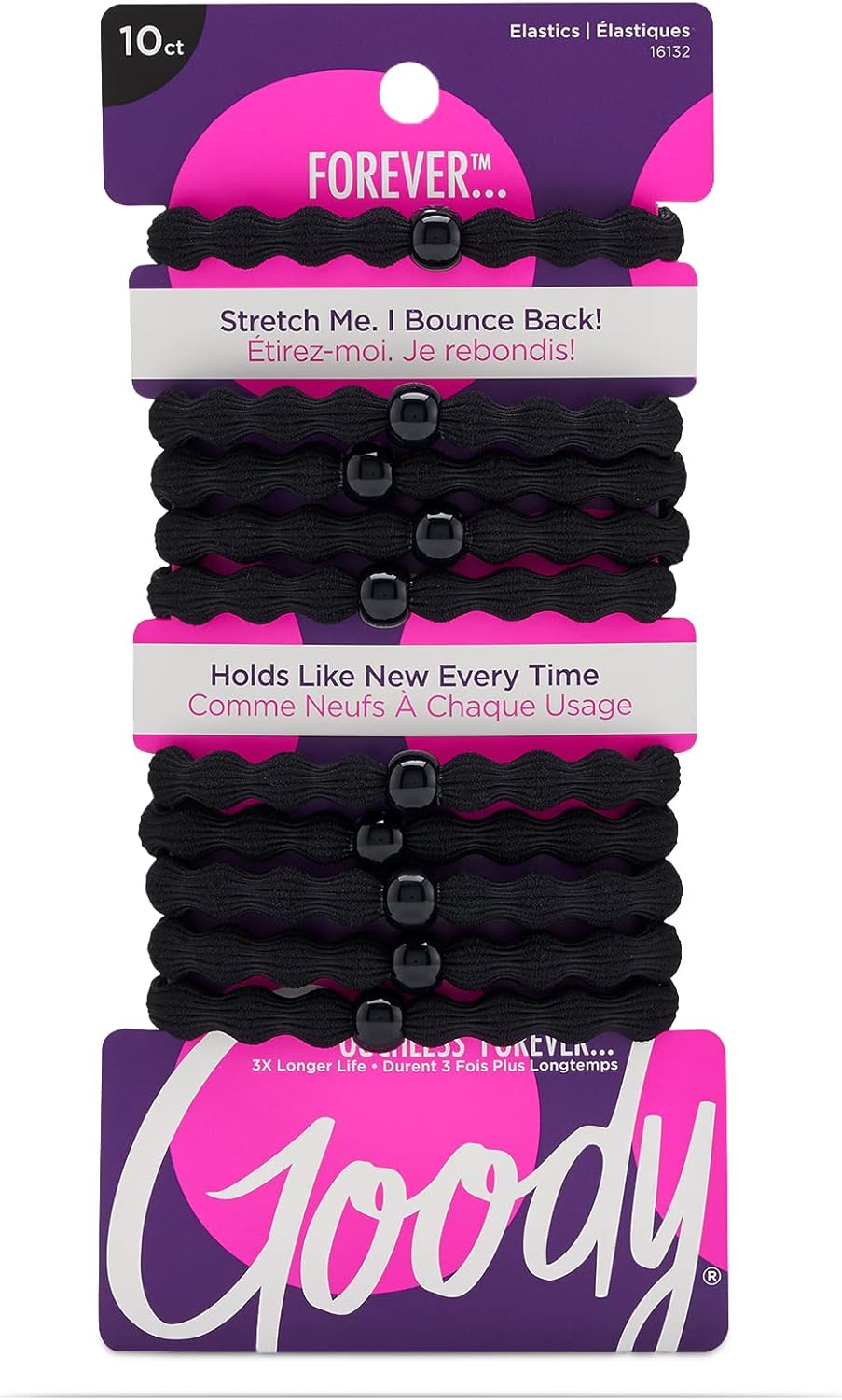 Goody Ouchless Forever Hair Elastics - 10 Ct, Black, Damage-Free Bands, 3X Stronger Hair Ties, Retainable Shape, 16 Strand Inner Core, Hair Accessories for Women & Men, for Fine Hair