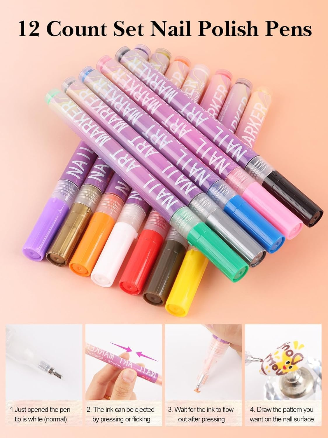 EBANKU 12 Colors Nail Art Pens Set, 3D 0.7MM Nail Polish Pens Quick-Drying Nail Art Acrylic Paint Nail Point Dotting Liner Pen Tools for Home & Salon Nail DIY image number 3