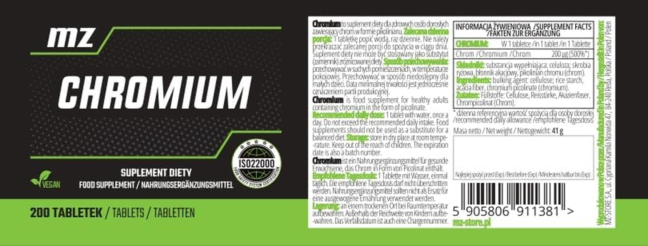 Chromium Picolinate 200 &Mu;g per Serving - 200 Vegan Tablets - 6 Months Supply - High Absorption - Optimal Nutrient Metabolism Support -Diet Supplement by MZ