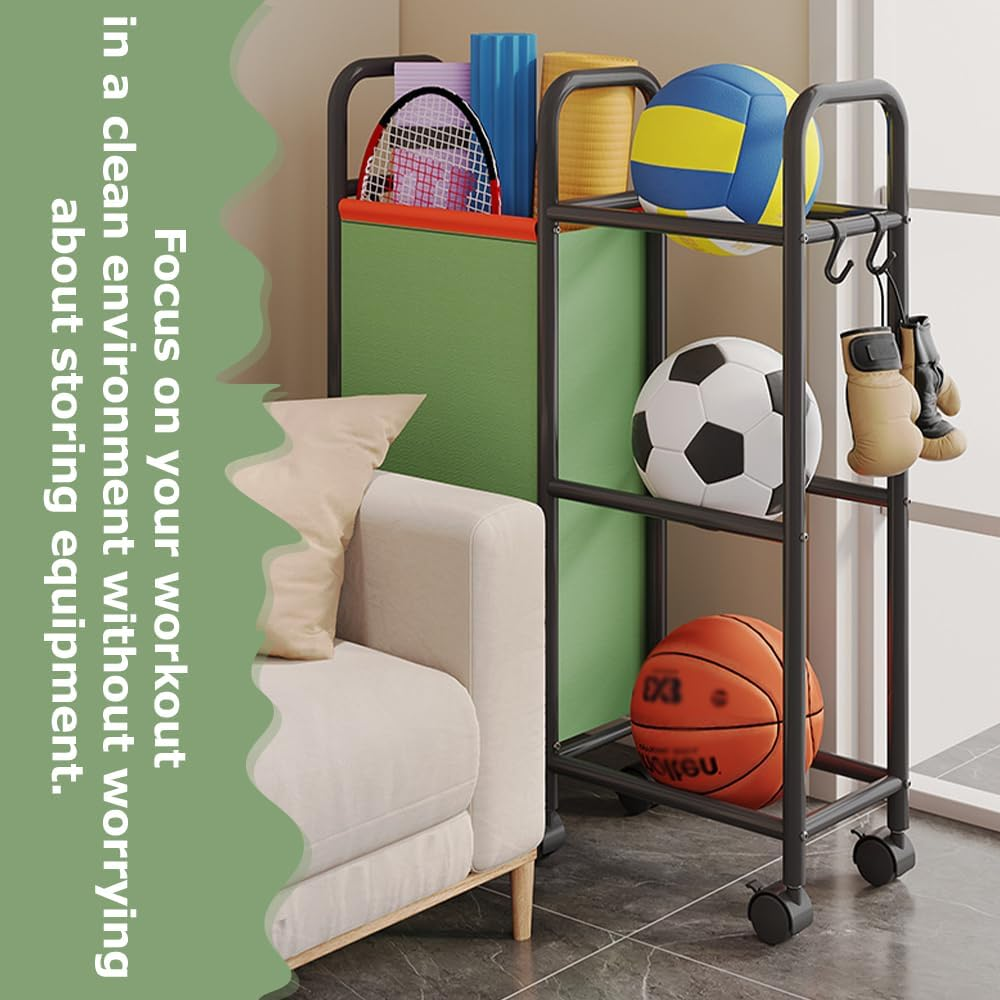 3-Tier Ball Storage Rack, Rolling Multi-Purpose Organizer Shelf, Heavy-Duty Rolling Cart, Space-Saving Durable for Basketball Volleyball Football Rugby Badminton
