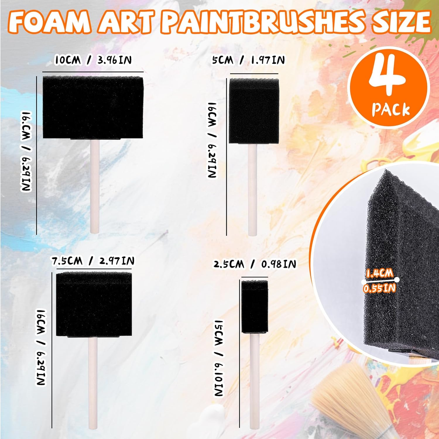 Polly Online 4 Pcs Foam Art Paintbrushes Wood Handle Sponge Brushes 1'', 2'',3'' & 4'' Sponge Paint Brush for Painting Varnishes DIY Craft Projects image number 2