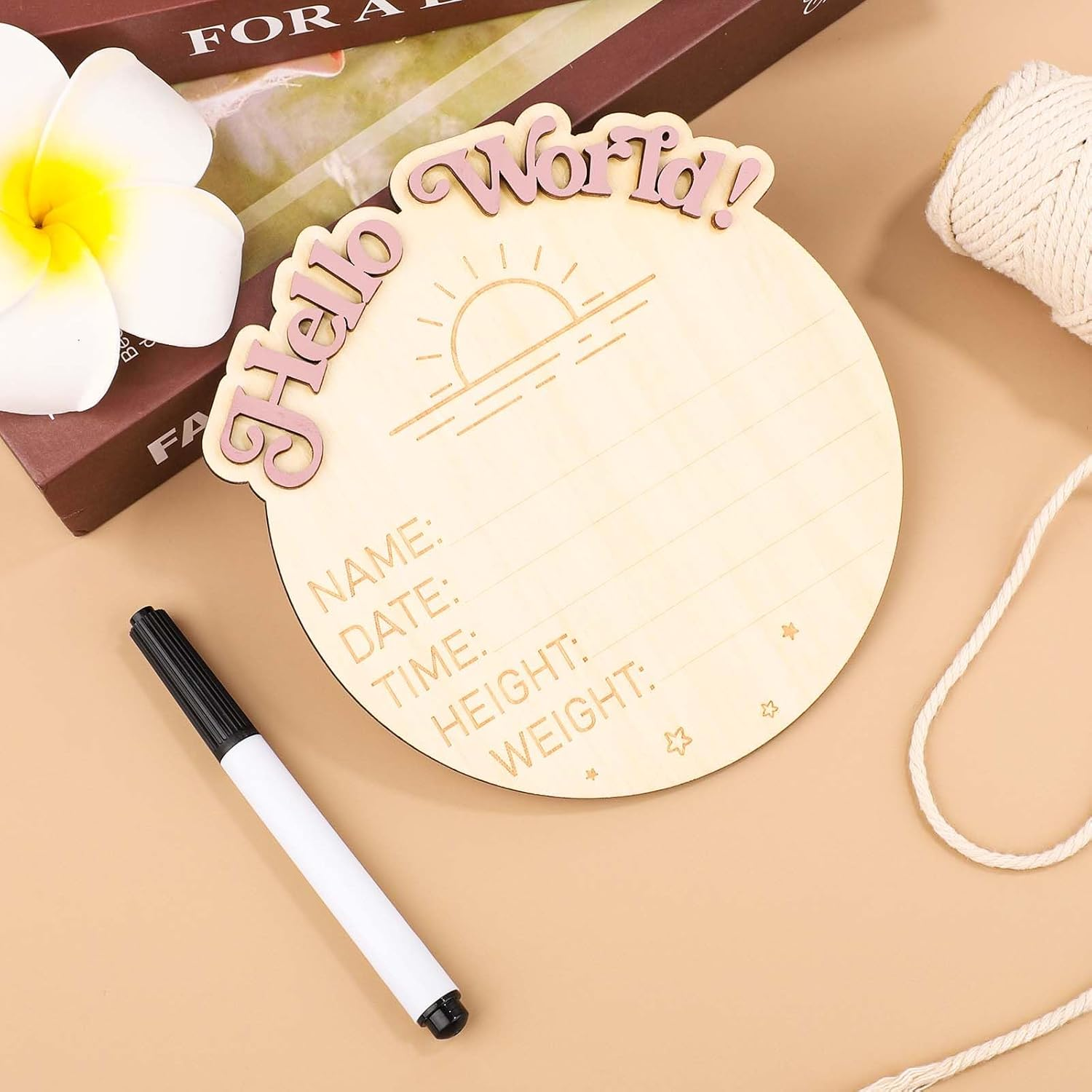 Baby Announcement Sign, I'M New Here Wooden Baby Announcement Sign Hello World Newborn Sign Name Plaques Photography Props Card Welcome Baby Keepsakes Birth Record Decoration(Sun) image number 6