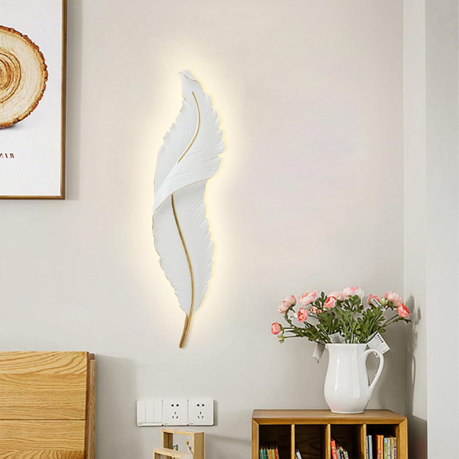 LED Feather Wall Sconce Nordic White Wall Light Living Room Wall Lamp, Creative Resin Wall Mount Lighting Fixture for Bedroom Restaurant Home Indoor Wall Wash Lights XXZ image number 2