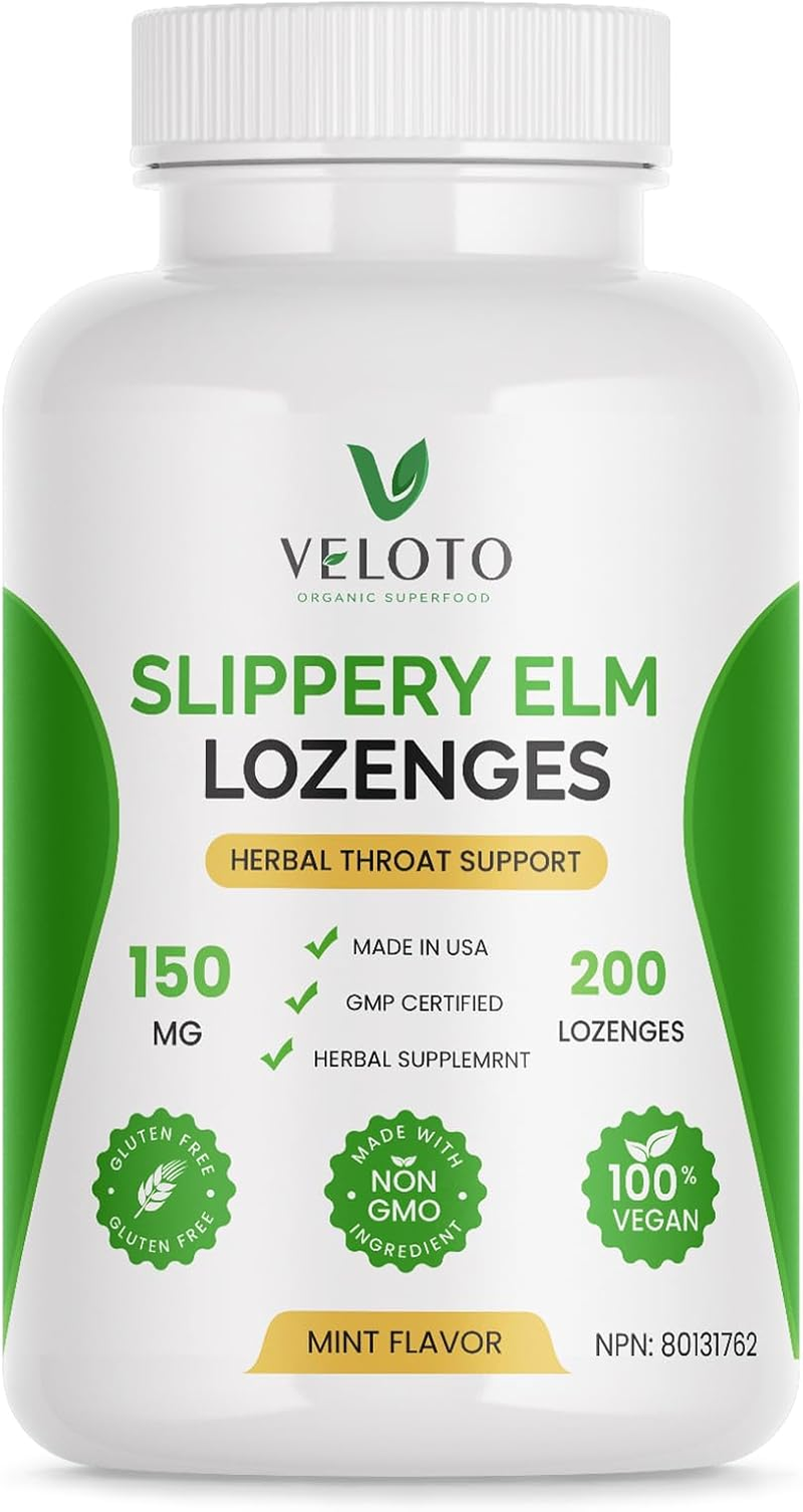 VELOTO Slippery Elm Lozenges, Slippery Elm Throat Soothing Lozenges for Adults, 10:1 Inner Bark Extract Cough Lozenge, Herbal Throat Support, Mint Flavored, Non-Gmo, Vegan, 200 Count