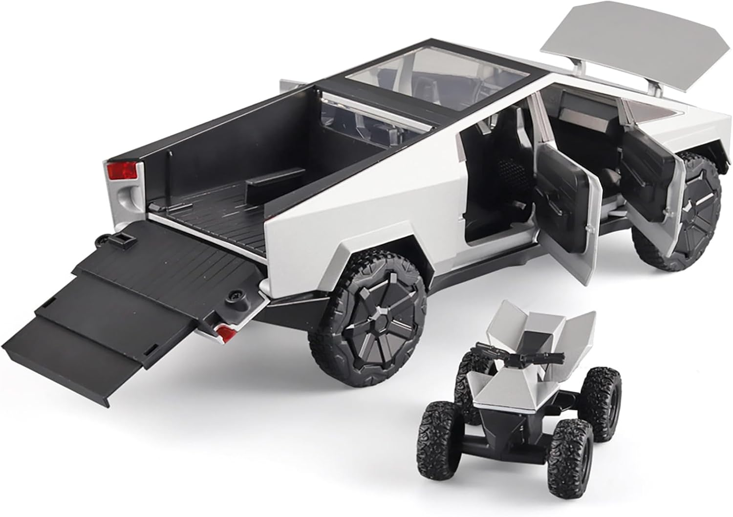 Boy Toy Pickup Truck 1/24Cybertruck Die-Cast Metal Model Car, with Sound and Light Pull Back, Suitable for Children Aged 3 and above as Birthday Gifts (Silver, Equipped with Beach Motorcycle) image number 4