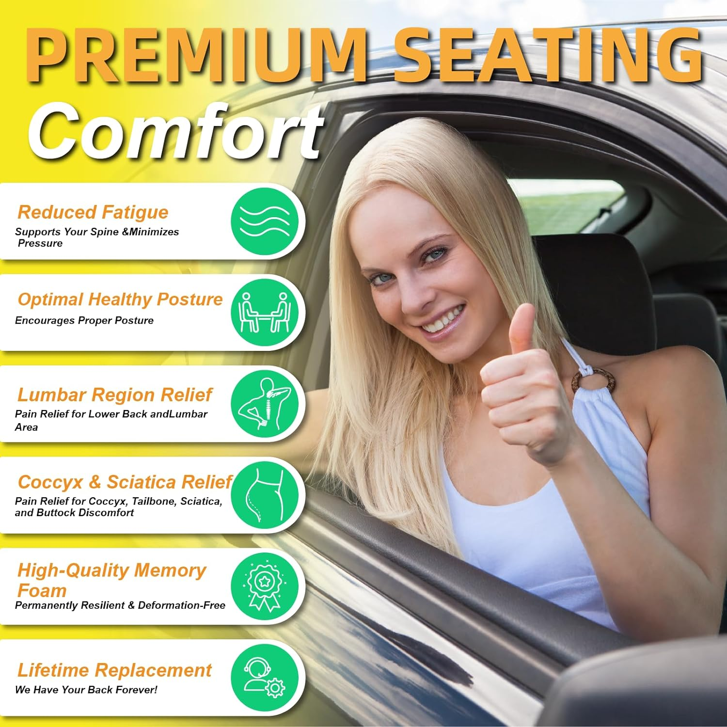 Kingphenix Car Seat Cushion with Back Support Pillow: Enhanced Comfort Memory Foam Design for Pain Relief, Ideal for Drivers and Office Use - Ergonomic Lumbar Comfort for Long Sitting - Black - Black image number 3