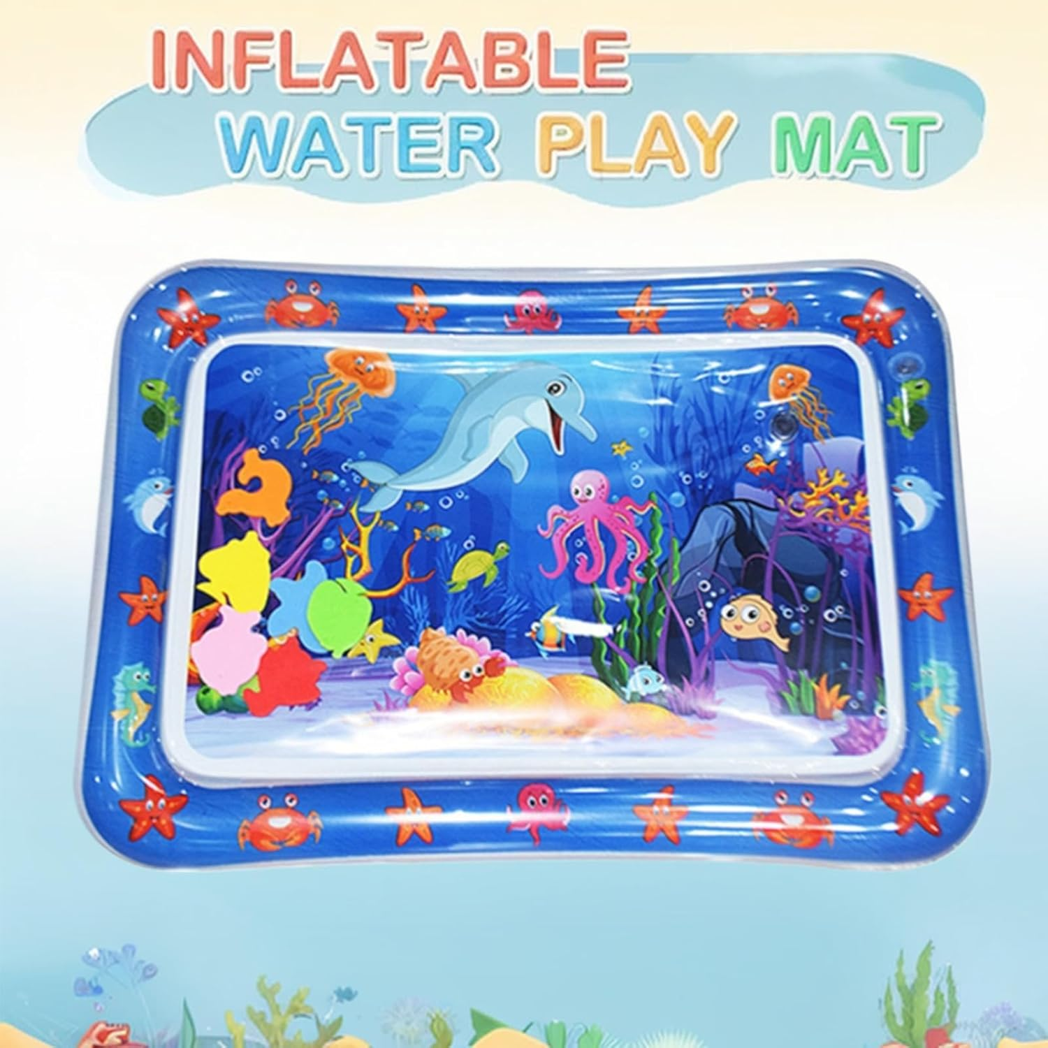 Pet Water Sensory Play Mat for Cats, Water Play Mat Water Filling Inflatable Tummy Time Mat Floating Dual Use Toy （Ocean Themed Style）, 70 X 50Cm Portable image number 6