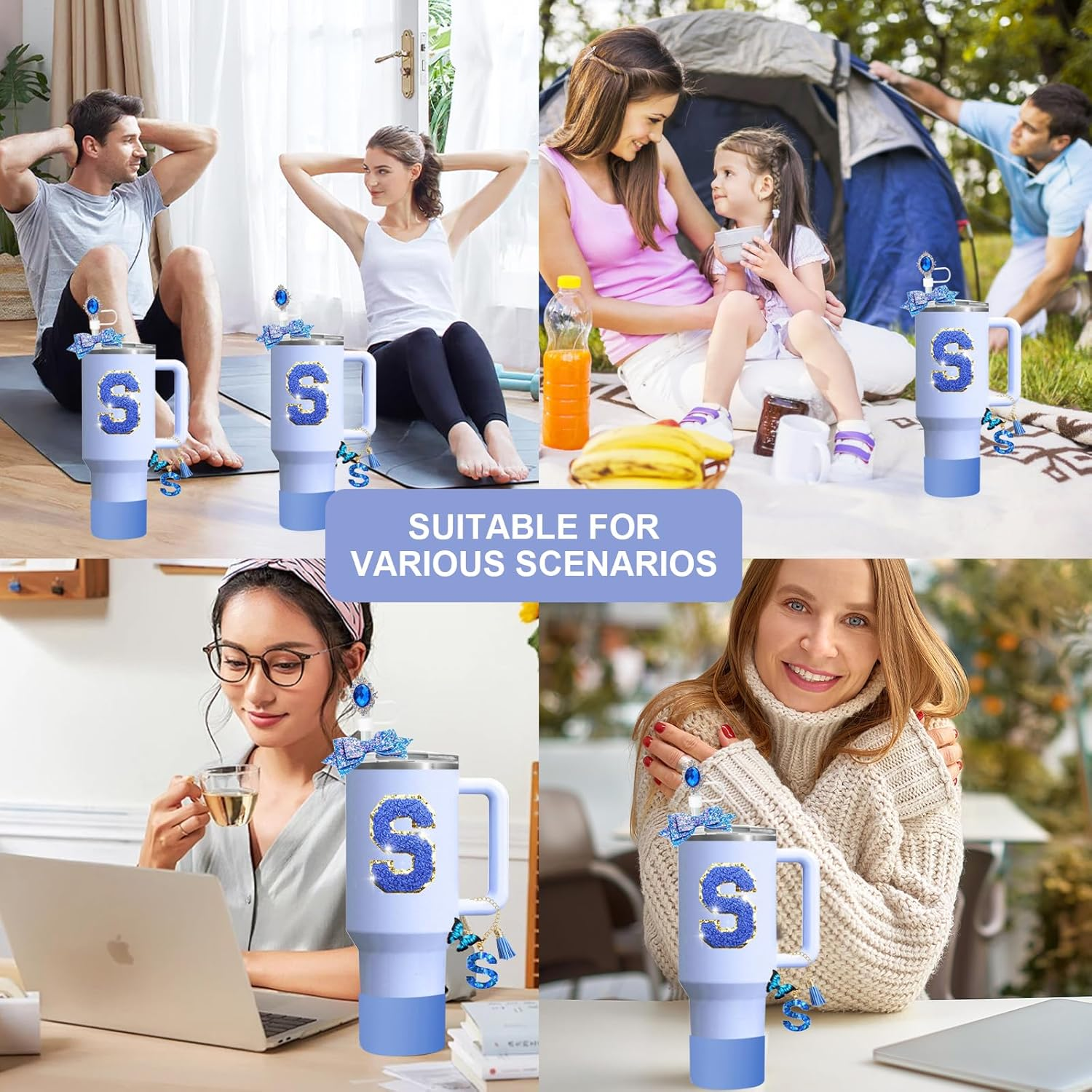 8-Piece Charms Silicone Stanley Cup Accessories Set Including Adorable Sparkling Bow Straw Topper, Protective Cup Boots, Anti-Spill Plugs, Decorative Handle, and Personalized Initial Stickers (S) image number 3