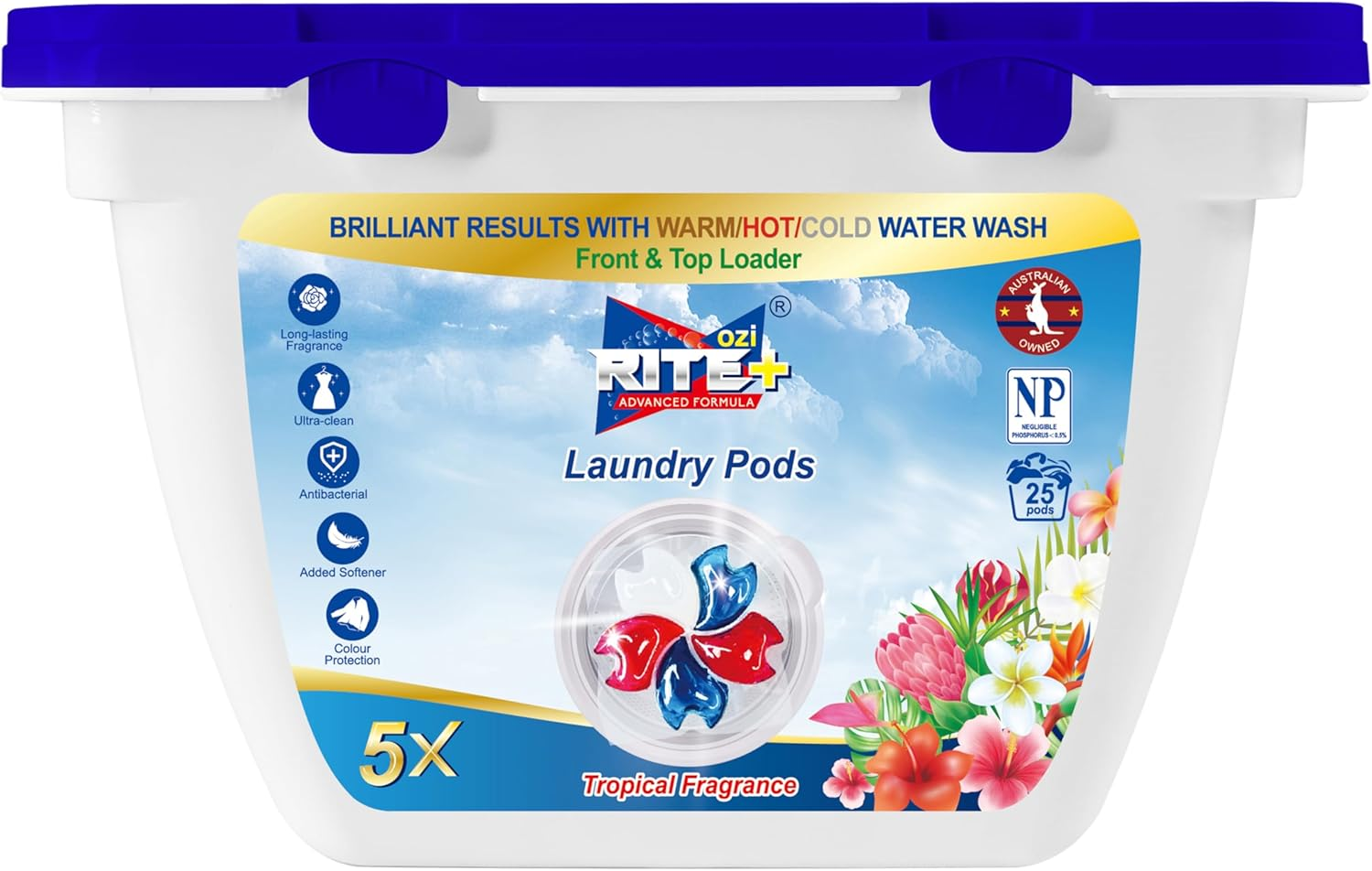 Laundry Capsules, Pods Tropical Fragrance Non-Phosphorus, Anti-Bacterial with Added Softener Power of 5, Front and Top Loader, 25 Washes image number 3