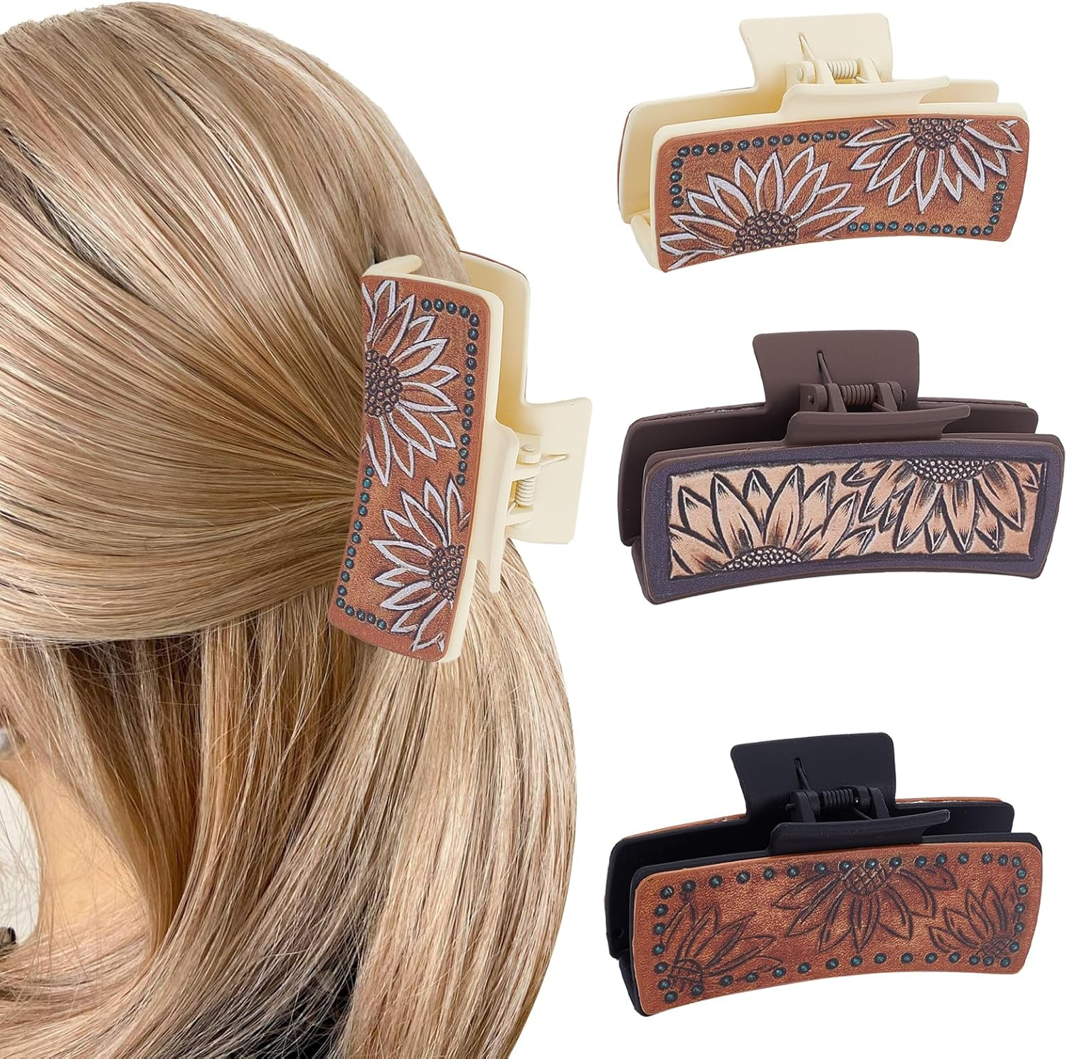 NICENEEDED 3 PCS Sunflower Hair Claw Clips, 1.7 X 4.1 Inch Matte Leather Floral Western Large Hairpins, Hair Accessories for Women Long Short Hairstyle image number 5