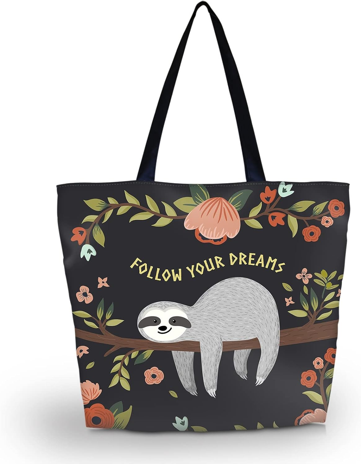 AOKSUNOVA Reusable Shopping Bags Large Foldable Grocery Bag Cute Sloth Tote Bag for School Black