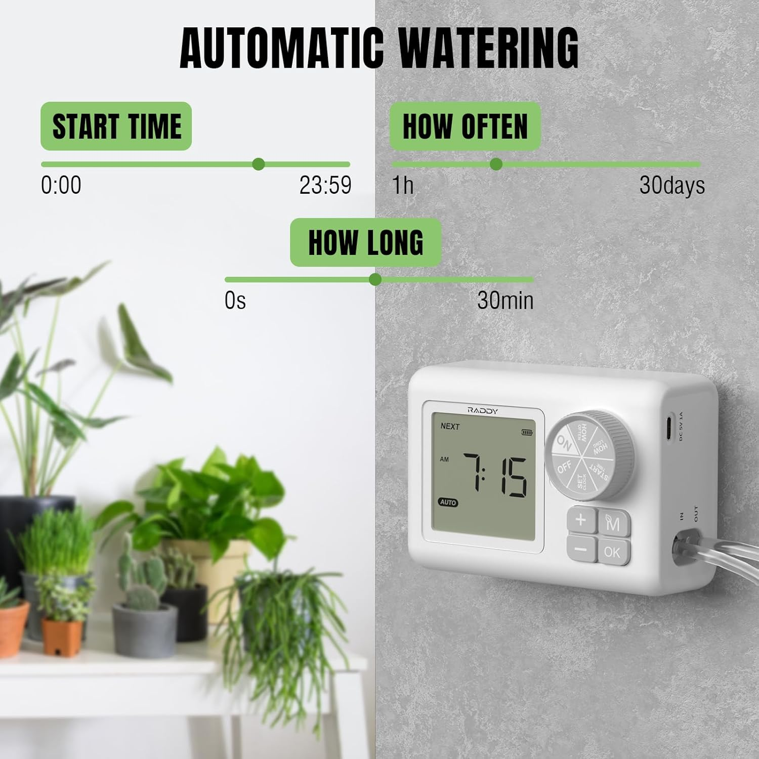 Raddy WS-6 Automatic Plant Waterer, Indoor Plant Watering System for 15 Potted Plants, Programmable Water Timer with LCD Display, USB Power, Water Shortage Alarm for Balcony Greenhouse White image number 6
