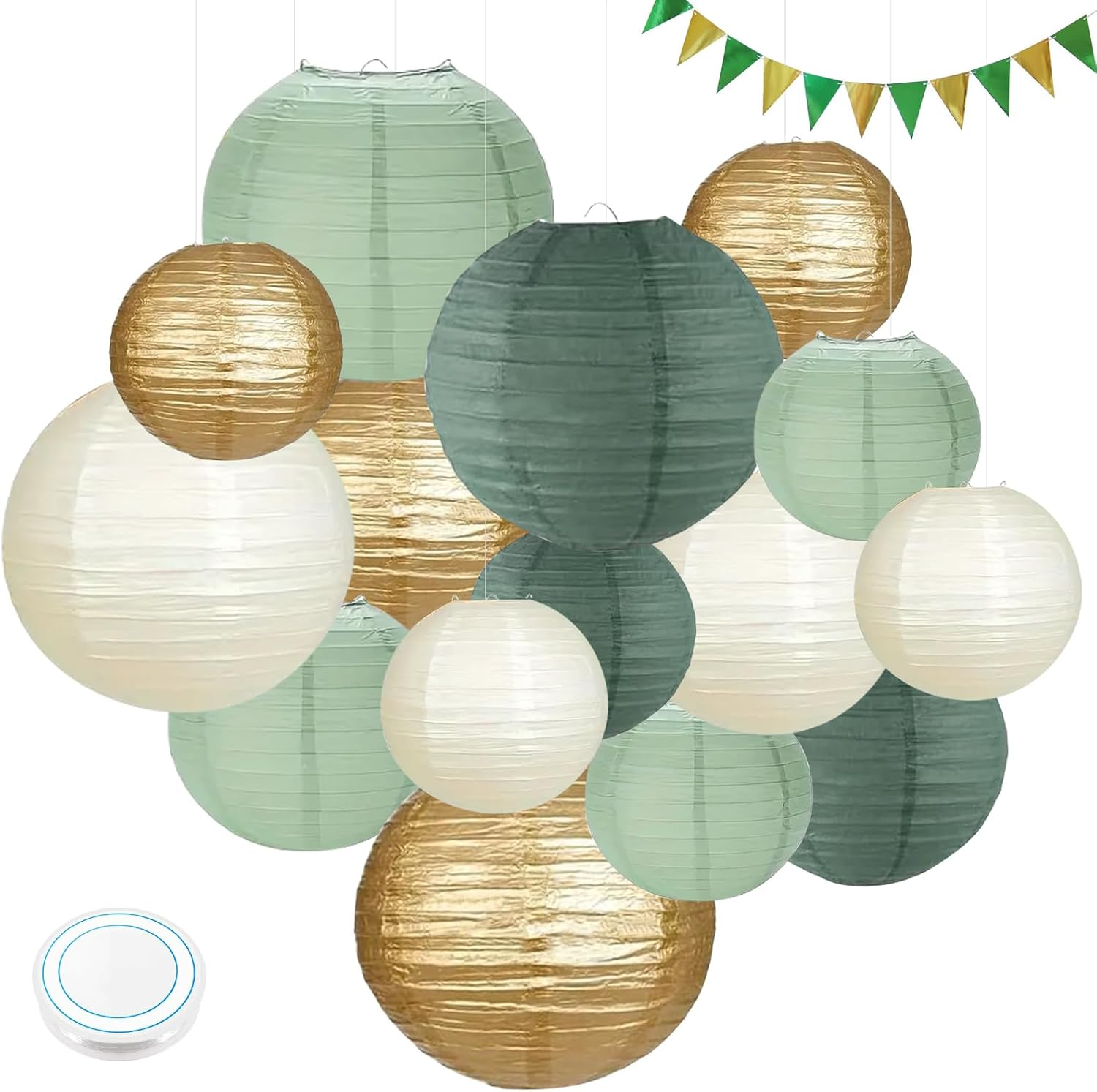 Pack of 15 Green Gold Paper Lanterns, round Hanging Paper Lanterns with Pennant and Fishing Line, Sage Green Lanterns for Bridal Wedding Decoration, Garden Party Decoration (Size: 25 Cm, 20 Cm, 15 Cm) image number 6