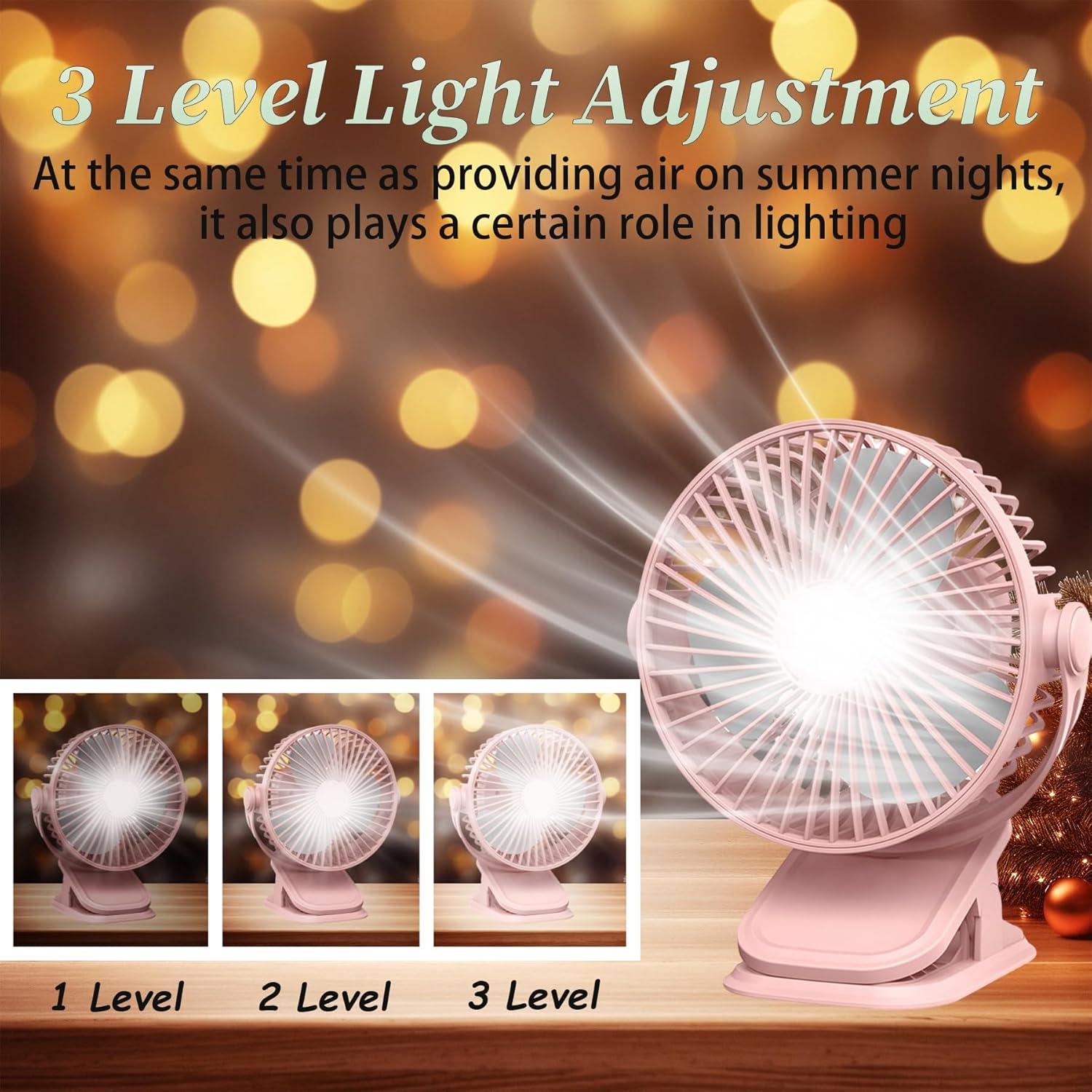Wakouter Portable Clip on Fan, USB Rechargeable Mini Personal Cooling Fan, with LED Lights, 5 Speed 360&deg; Rotate Stroller Fan, for Office, Stroller, Bedroom and Camping (Pink) - Pink image number 4