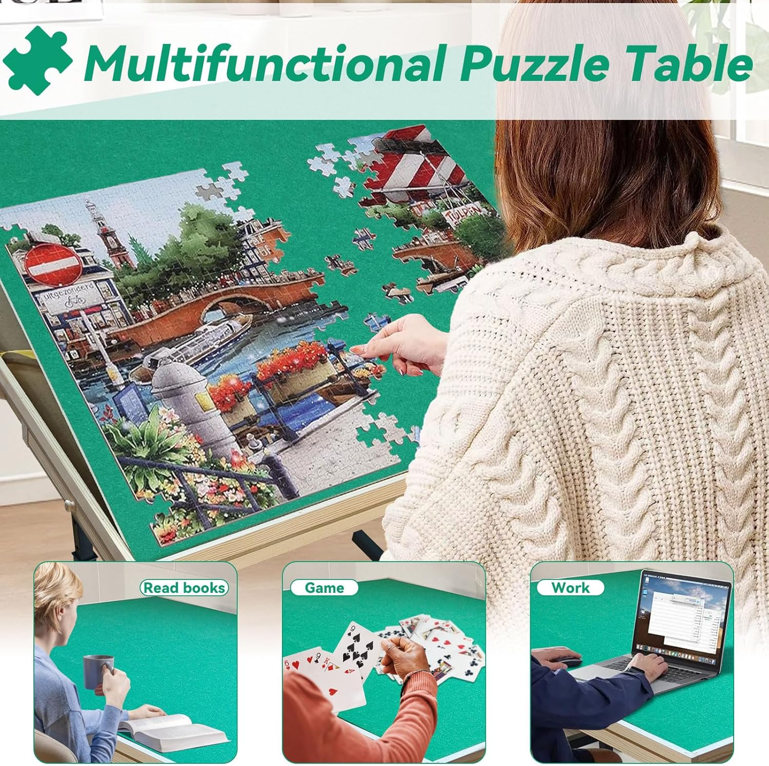 1500 Piece Jigsaw Puzzle Table with Adjustable Height & Tilt, Jigsaw Puzzle Board with 4 Drawers & Cover, Puzzles Tray Wooden Puzzles Table with Legs and Wheels for Adults & Seniors image number 3