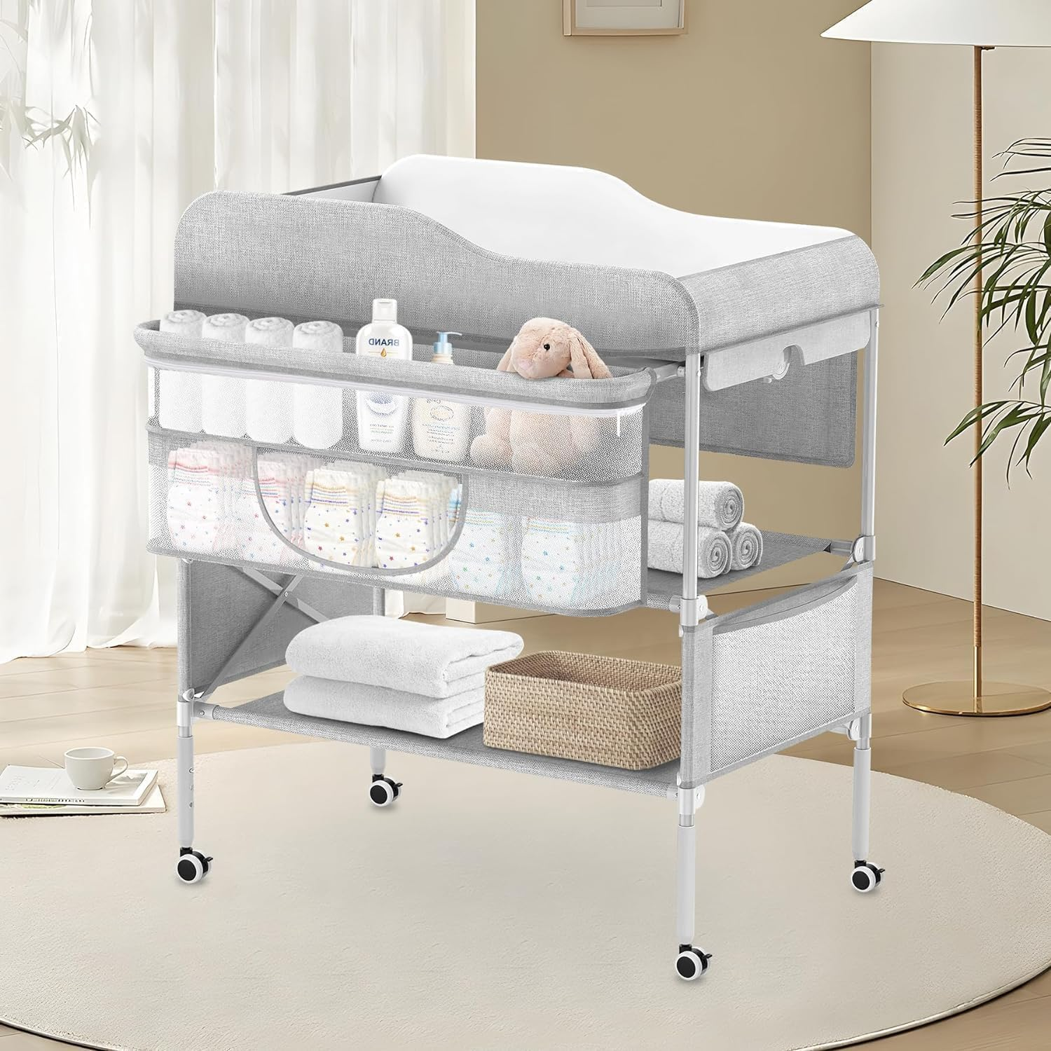 Portable Baby Changing Table, Folding Mobile Nursery Organizer with Wheels, Waterproof Diaper Station Pad Topper for Infant, Large Storage Rack&Adjustable Height image number 1