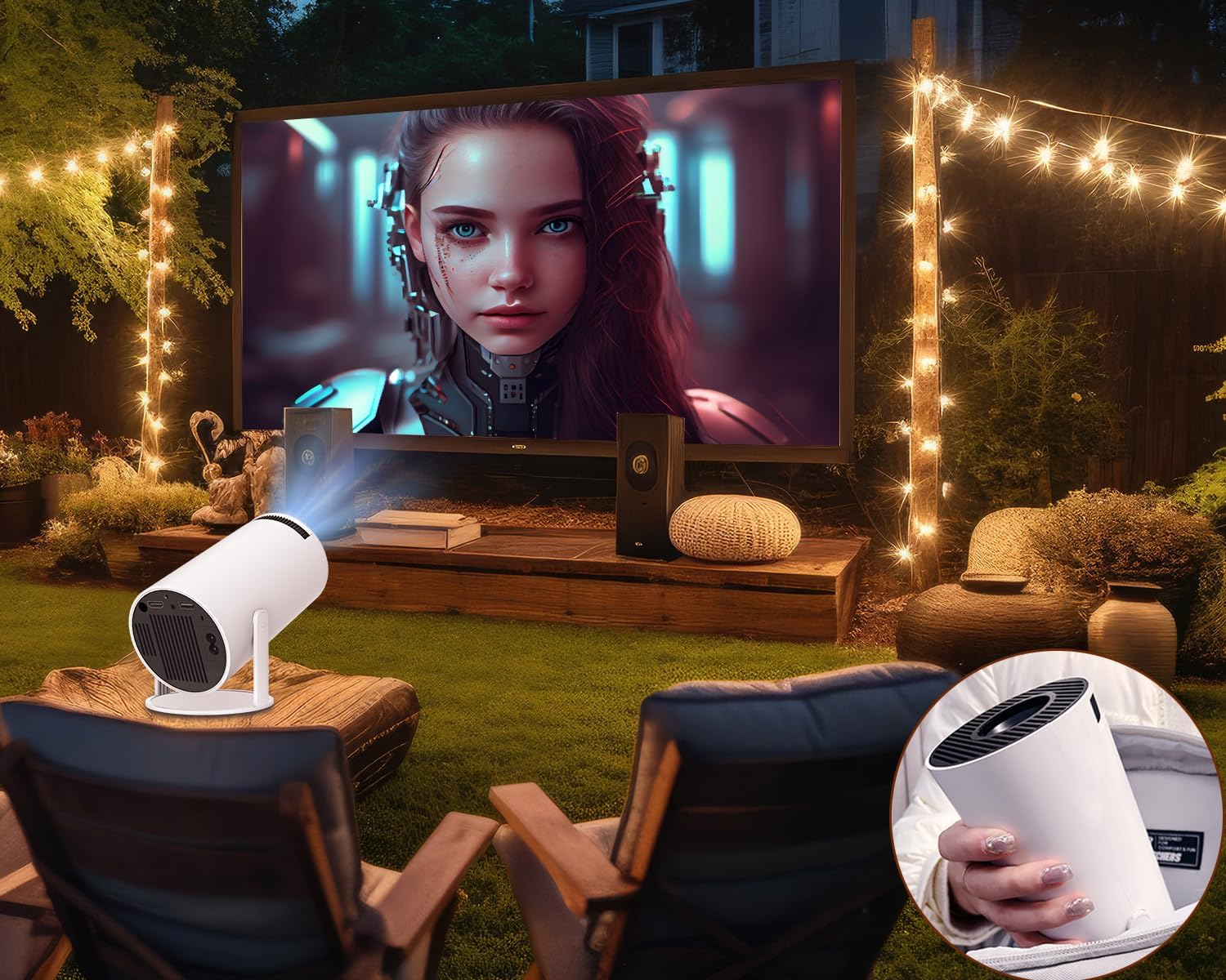 Mini Projector 4K 1080P Support, Portable Projector Wifi6 Bluetooth 5.0 Android 11, Smart Projector Auto Horizontal Correction,180&deg;Rotatable Outdoor Movie Projector (White) image number 3