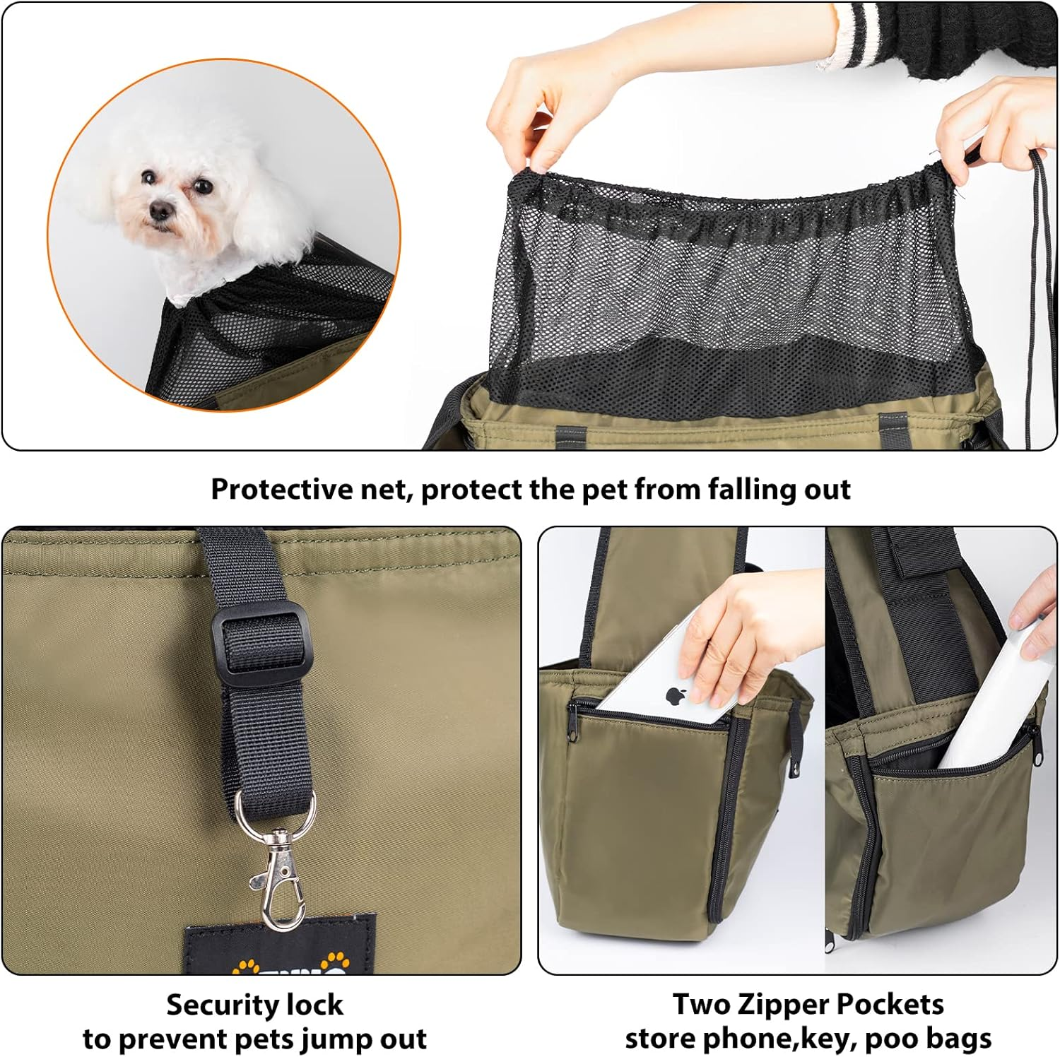 NATUYA Dog Sling Puppy Carrier for Small Dogs with Openable Front Breathable Mesh, Hands Free Pet Sling Travel Bag Adjustable Padded Strap Pockets Large Space for Pet Outdoor Hiking (Green, 3-8Lb) image number 3