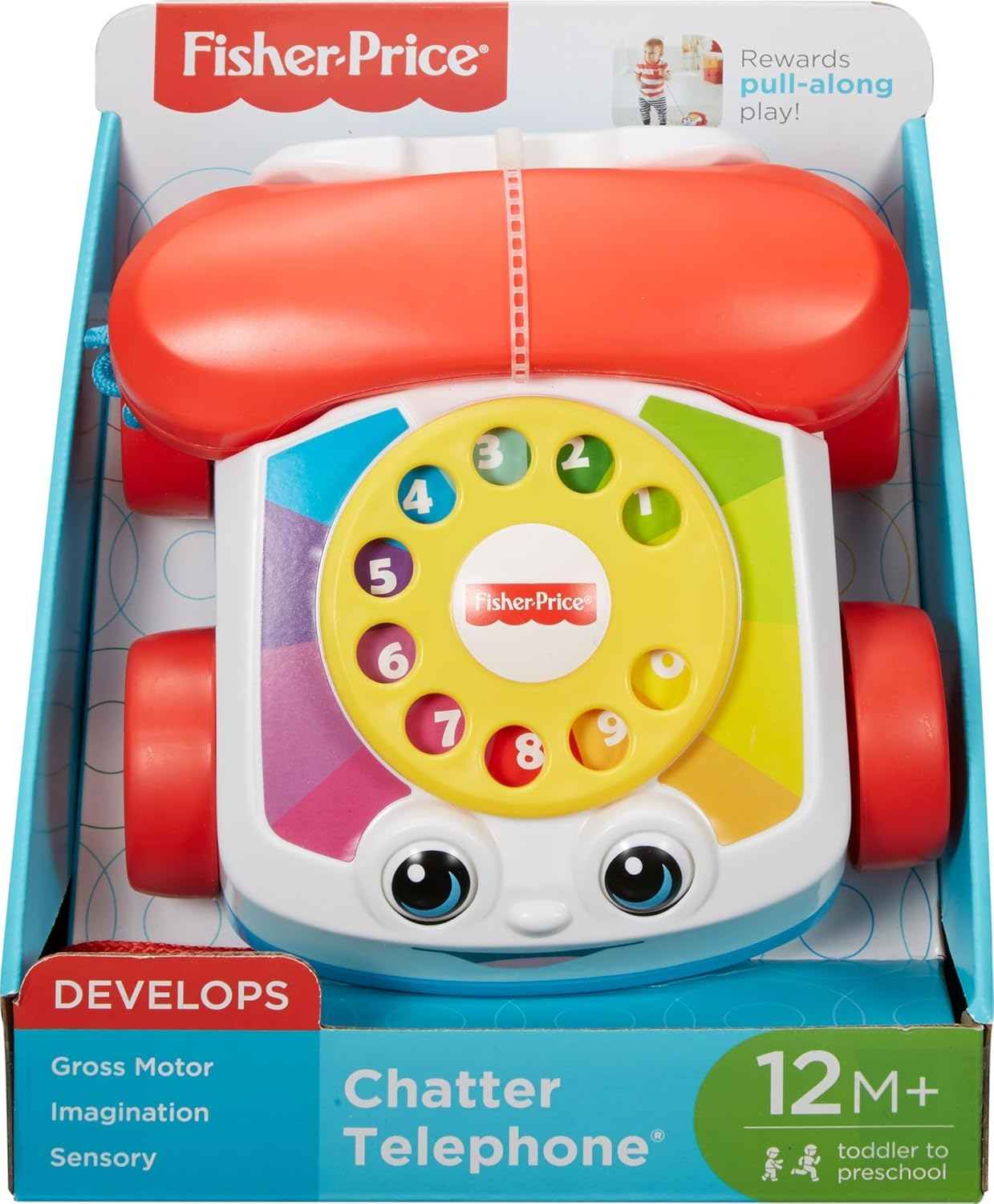 Fisher-Price Toddler Pull Toy Chatter Telephone Pretend Phone with Rotary Dial and Wheels for Walking Play Ages 1+ Years image number 5