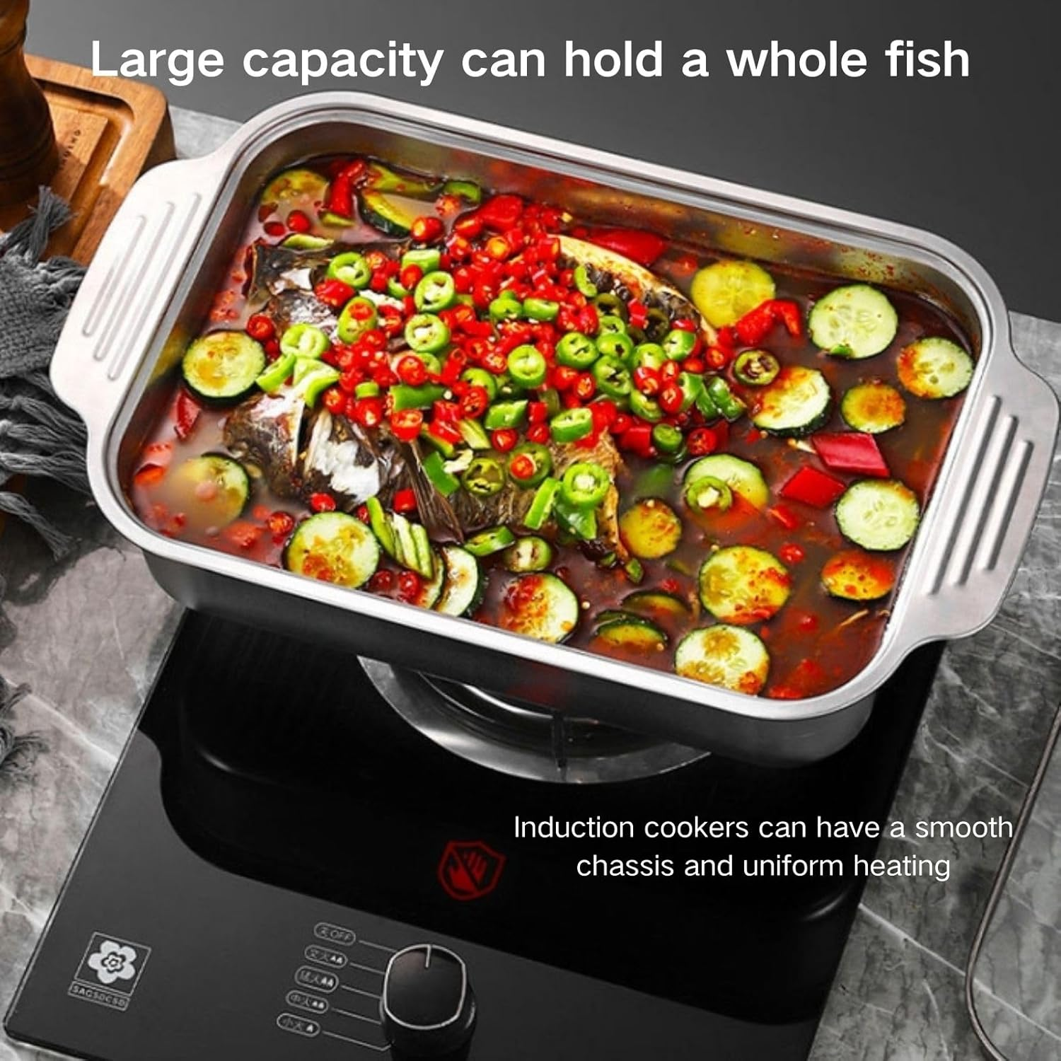 Poemtian Stainless Steel Fish Plate, Kitchen Serving Grill Tray, Stainless Steel Rectangle Tray image number 3