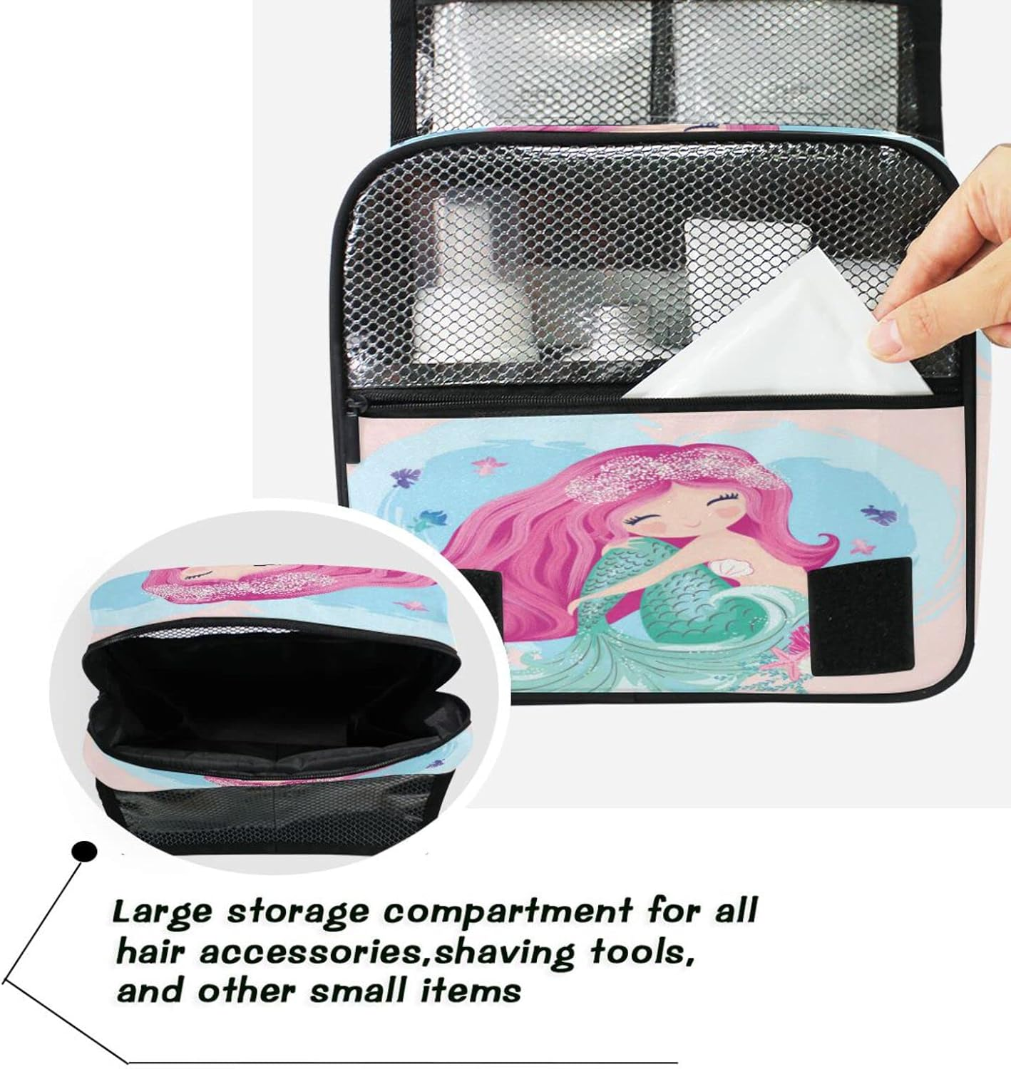 Cute Ocean Animal Mermaid Hanging Toiletry Bag for Women Men, Portable Makeup Bag Organizer Cosmetic Bag for Purse Pouch Waterproof Travel Essentials Large Wash Bag for Kids Girls, Multicolor, One image number 3