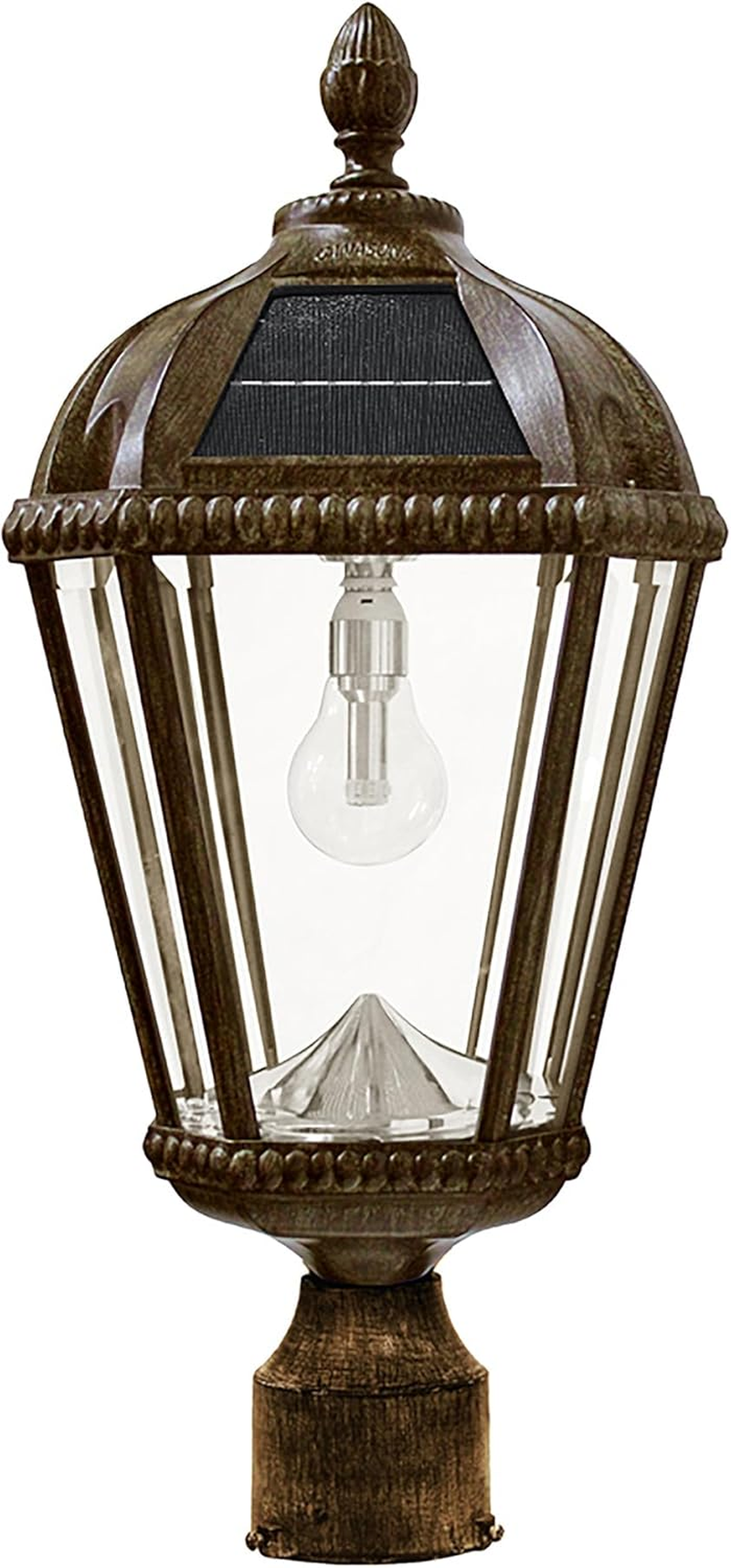 Gama Sonic Outdoor Solar Post Light, Black Aluminum, Royal Bulb, Rain Water Glass, Single Lamp with 3-Inch Fitter for Lamp Posts Warm White LED, 98B012 (Upgraded Panel and Battery)