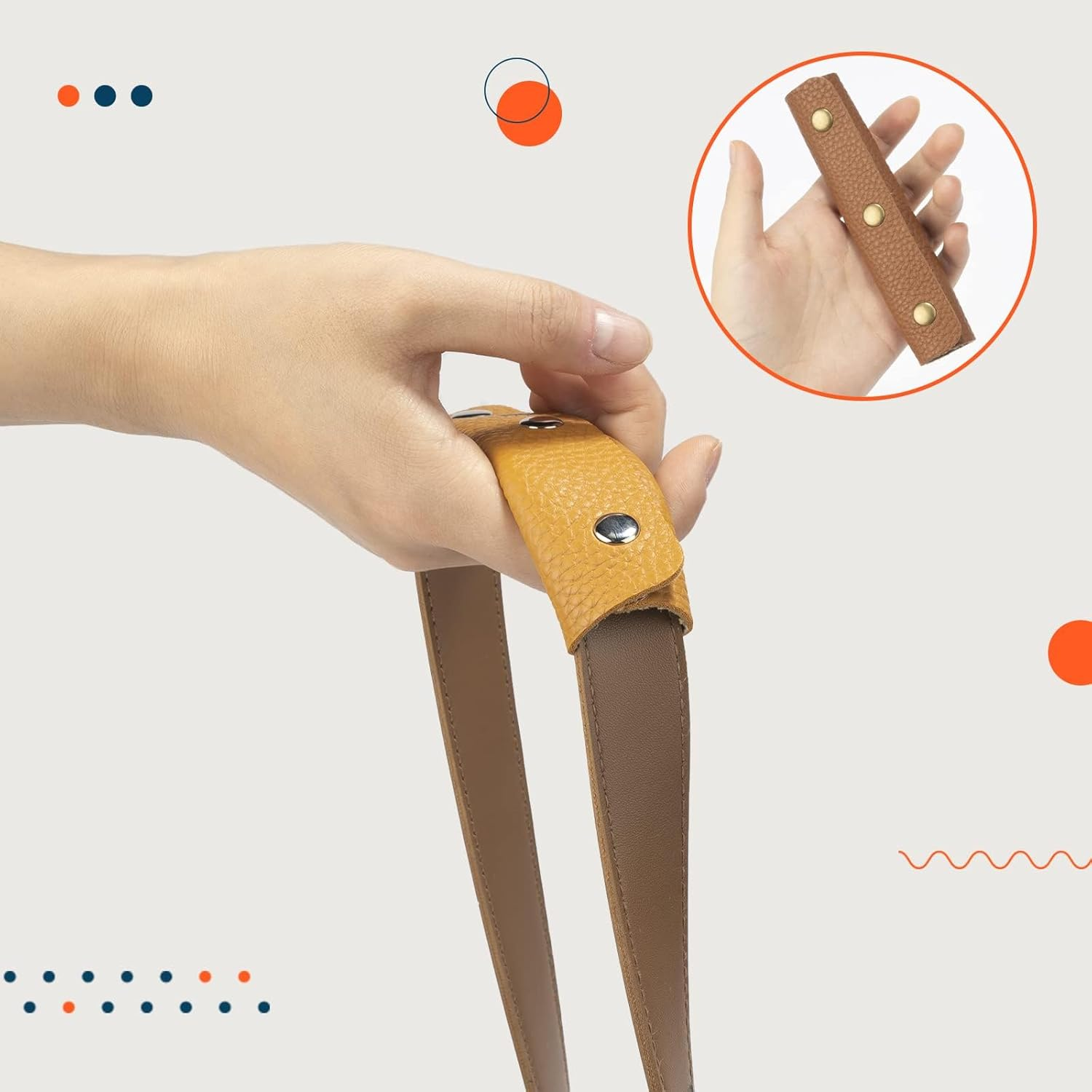 IUAQDP 2-Piece Leather Wrap Cover, Luggage Grip Protector with Brass Clasp, Soft Purse Strap Pad for Shopping, Travel, Suitcase, Tote Bag, Wallet - Brown - Beige image number 5