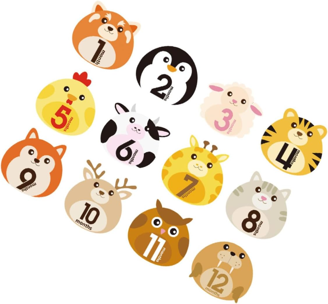12 Sheets Monthly Stickers Animal Design Milestone Self-Adhesive Decals for Newborns Reusable Photo Props for First Year Memory Album image number 1