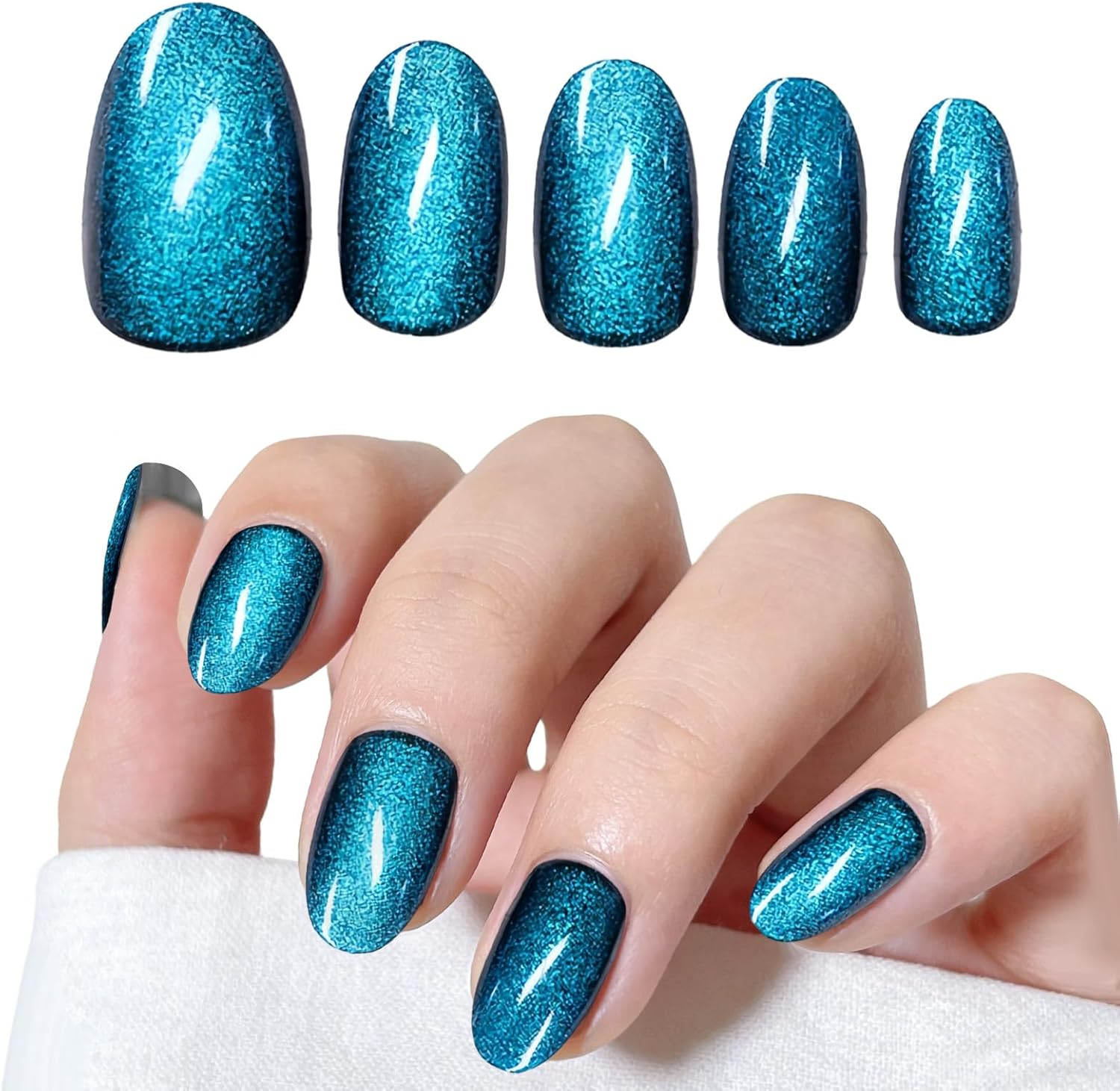 24 Pcs Press on Nails Short Almond, Press on Nails with Glitter Magnetic Cat Eye False, Handmade Short Press on Nail, Stiletto Jelly Stick on Nail for Daily Wear & Party Decor (Emerald Green)