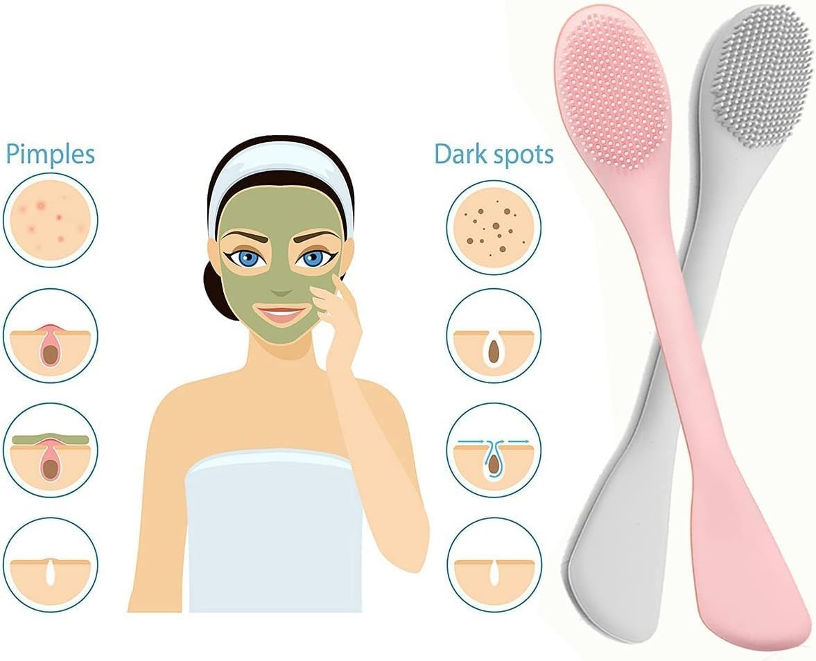 Double-Ended Facial Mask Applicator Set of 2 - Ideal for Applying Mud, Clay, Charcoal Mixed Masks, Creams, and Lotions - Soft Makeup Beauty Tools in Pink and Gray Color Combination, Made of Silicone image number 5