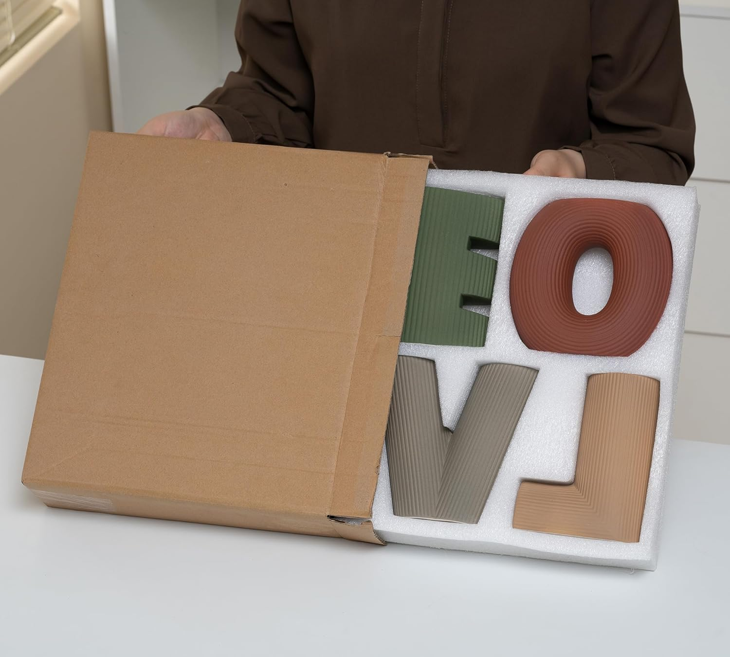 Creative Ceramic Vase Set of 4, Letters Shape Flower Vase, Multicolor Modern Minimalism Home Decor for Living Room, Table Centerpieces(Green/Brown/Burgundy/Khaki) image number 5