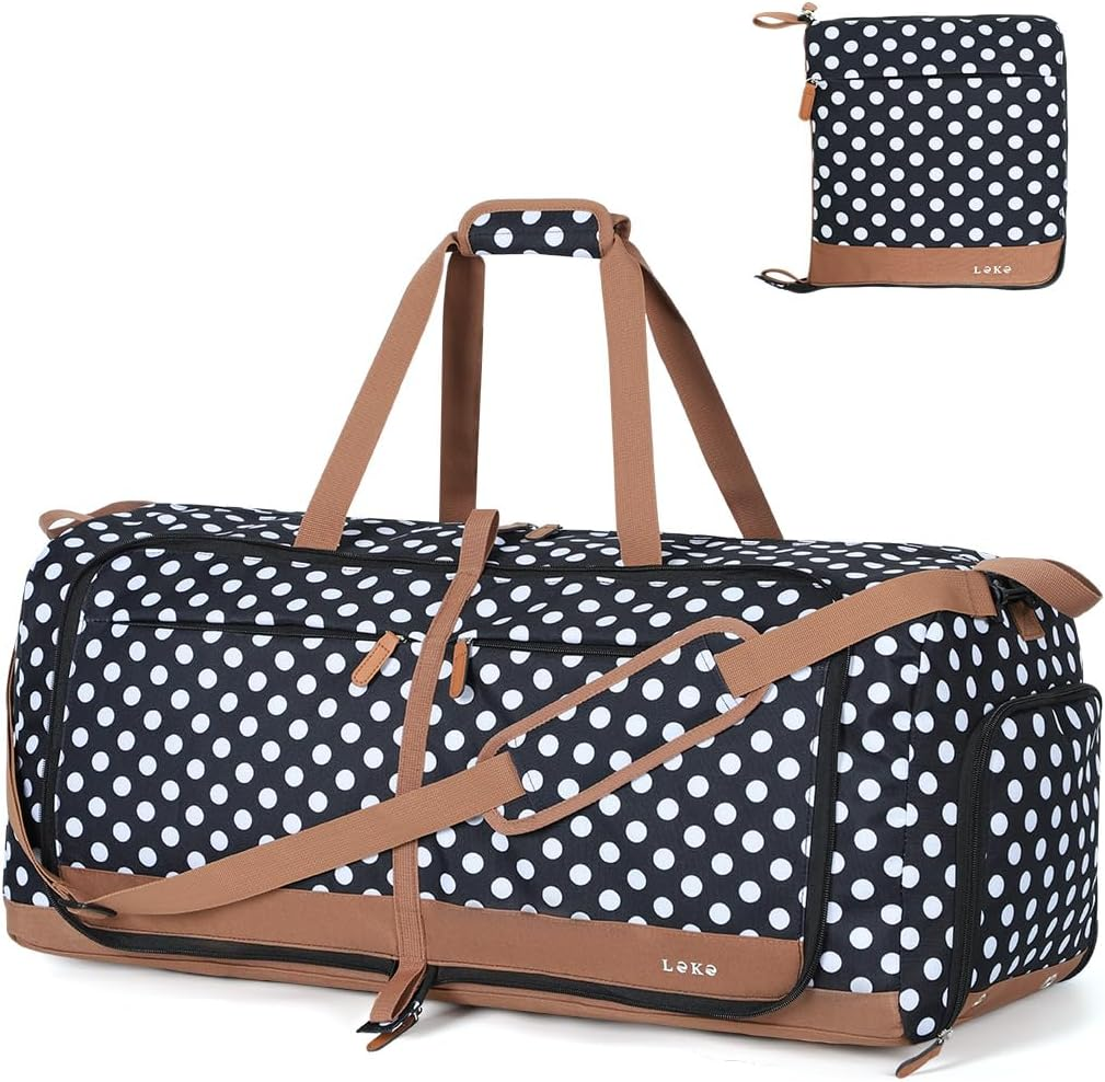 Lekesky Large Foldable Travel Duffe Bag - Waterproof Holdall Luggage Bag with Shoes Compartment, Weekend Overnight Sports Bag for Women and Men, White Dots, 80L, Travel Bag image number 2