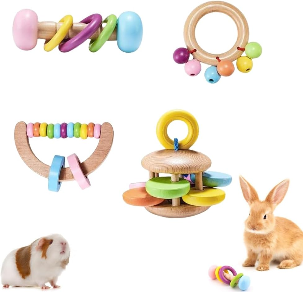 4 Pcs Wooden Bunny Toys,Safe Rabbit Toys, Bite-Resistant Guinea Pigs Toys,Boredom Break Toys for Chinchillas Hamsters Small Animals Playing Teeth Grinding Indoor Outdoor image number 6