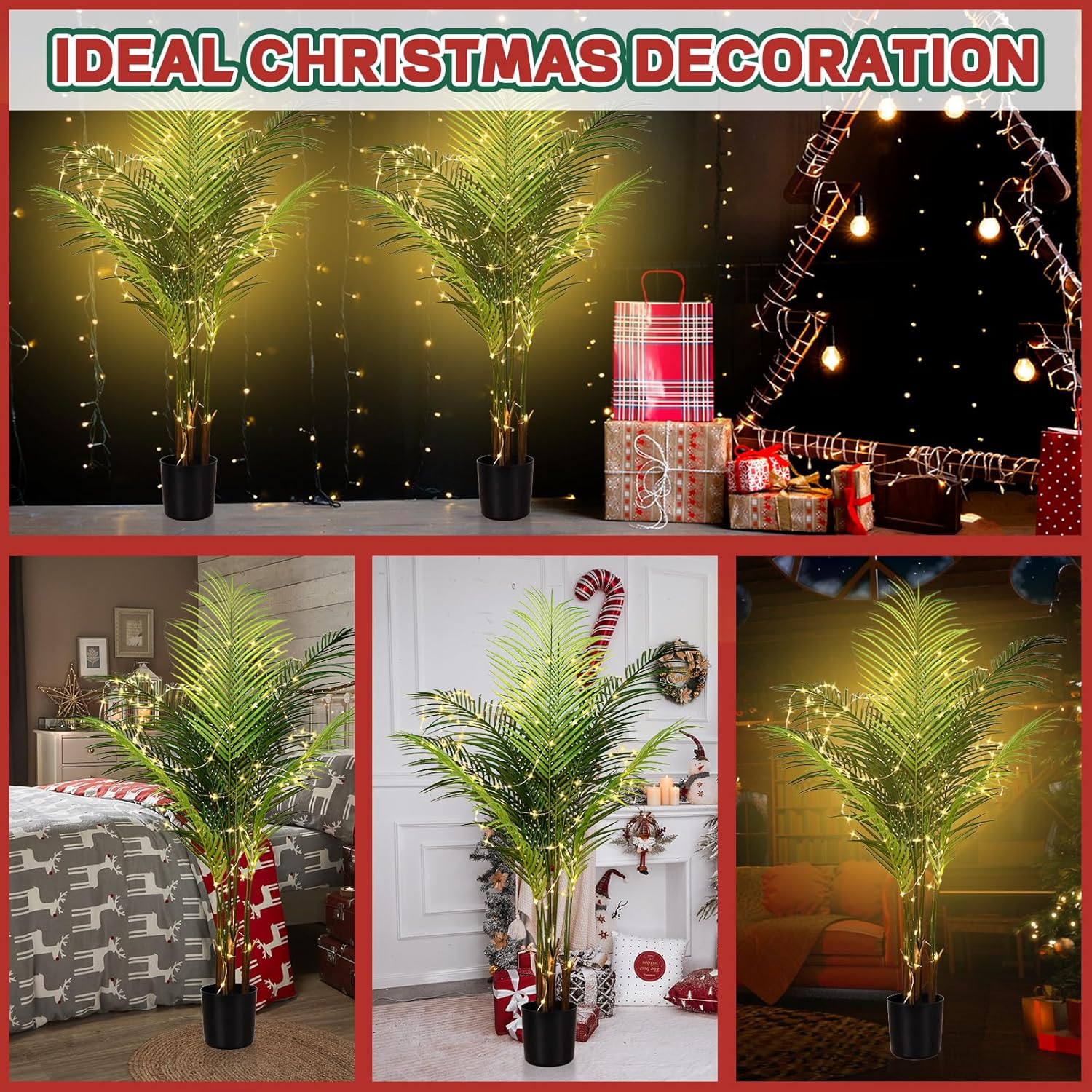 Artificial Areca Palm Plant 3.94 FT/120 Cm Tall Tropical Faux Palm Tree with 100 LED String Lights 10 Leaves Fake Palm Tree for Home Office Living Room Floor Christmas Decor image number 3