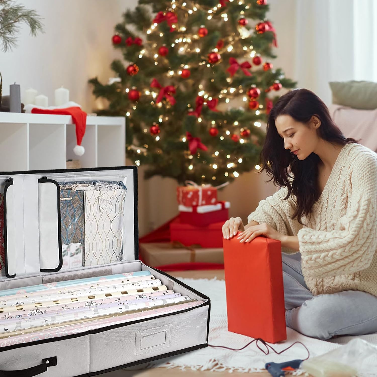 Large Wrapping Paper Storage Box for Christmas Wrapping Paper Holder Fits up to 24 Rolls Durable 600D Oxford Fabric with Extra Pockets for Accessories Packing Roll Storage Containers, Grey image number 4