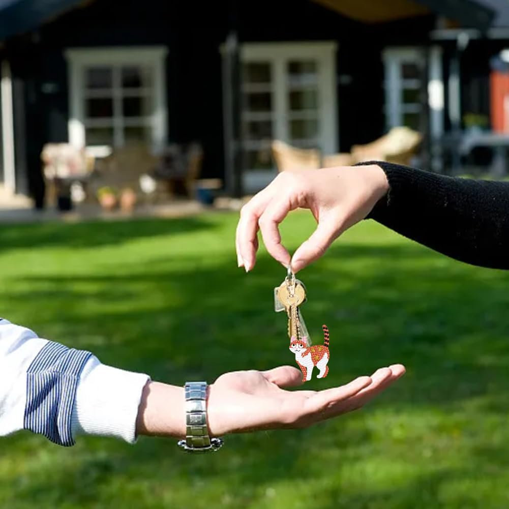 12 Pieces Diamond Key Chain Kits DIY Cats Diamond Art Painting Keychains with Different Shapes Double Sided Rhinestone Embroidery Mosaic Diamond Pendant Keyrings Diamond Pendant for Bag Decoration image number 3