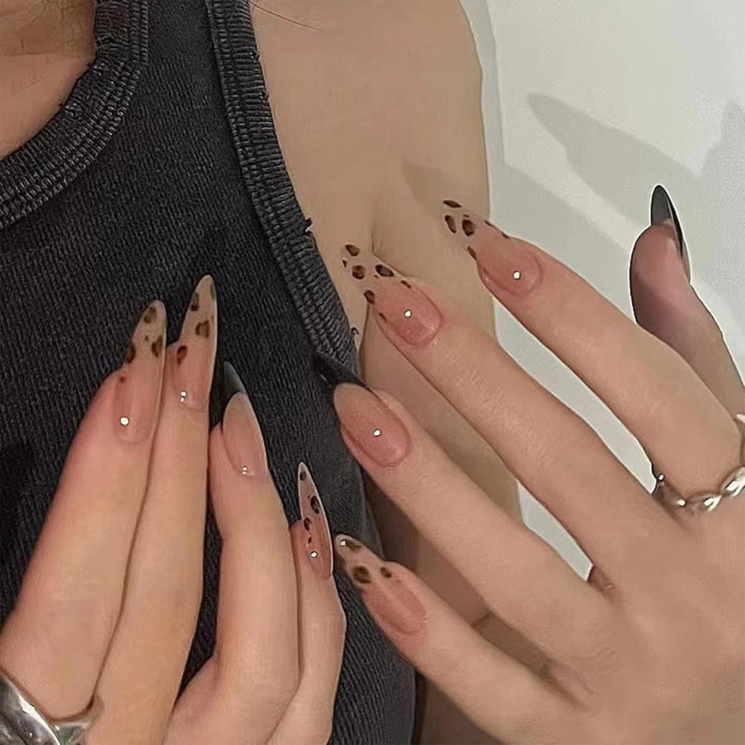 Black French Lace Press on Nails, Almond Shape, Medium Length, Nude Pink with Crystals and Stars Design, Reusable Acrylic Stick-On False Nails for Women, Pack of 24 image number 4