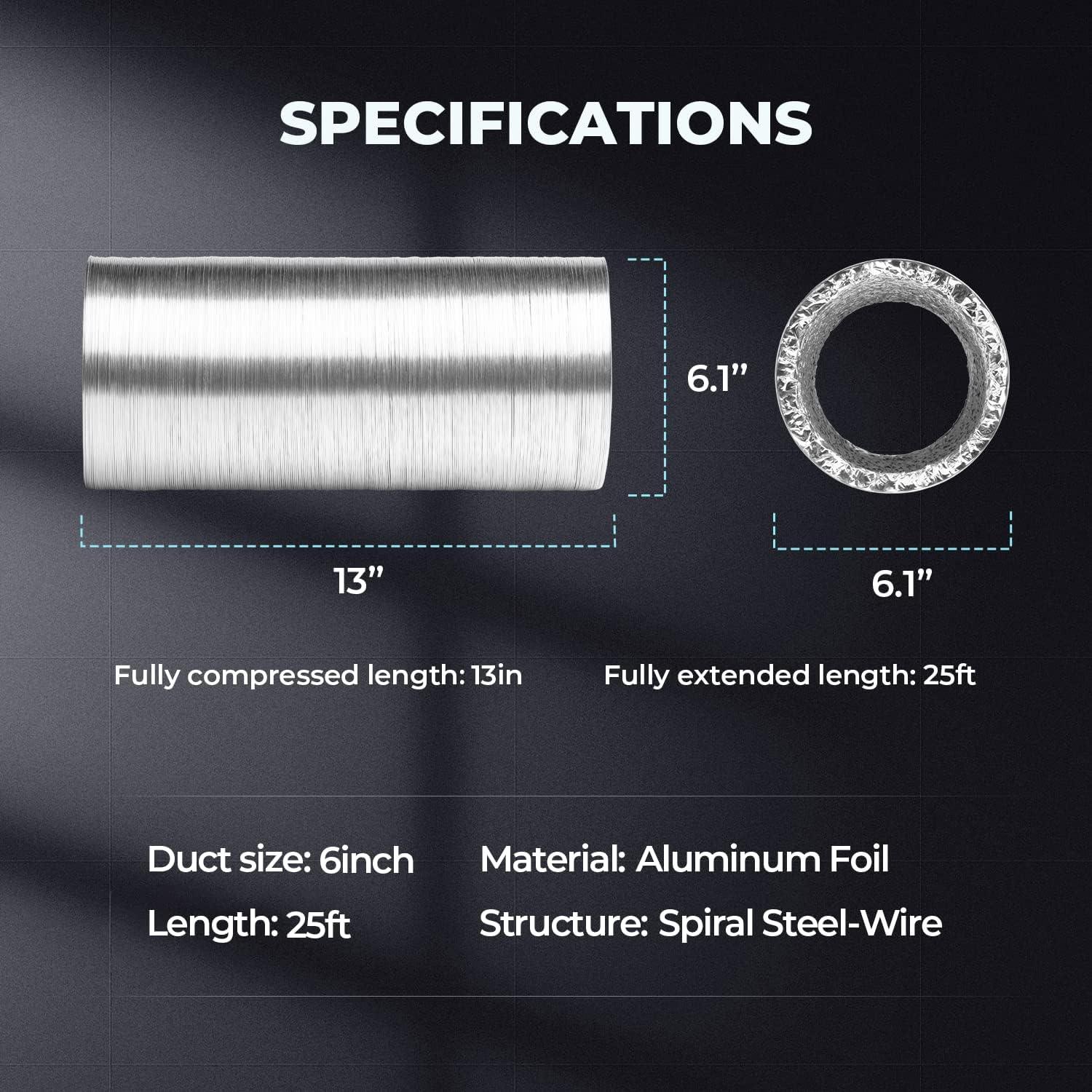 Ipower 6 Inch 25 Feet Non-Insulated Flex Air Aluminum Ducting Dryer Vent Hose for HVAC Ventilation, 2 Clamps Included image number 1