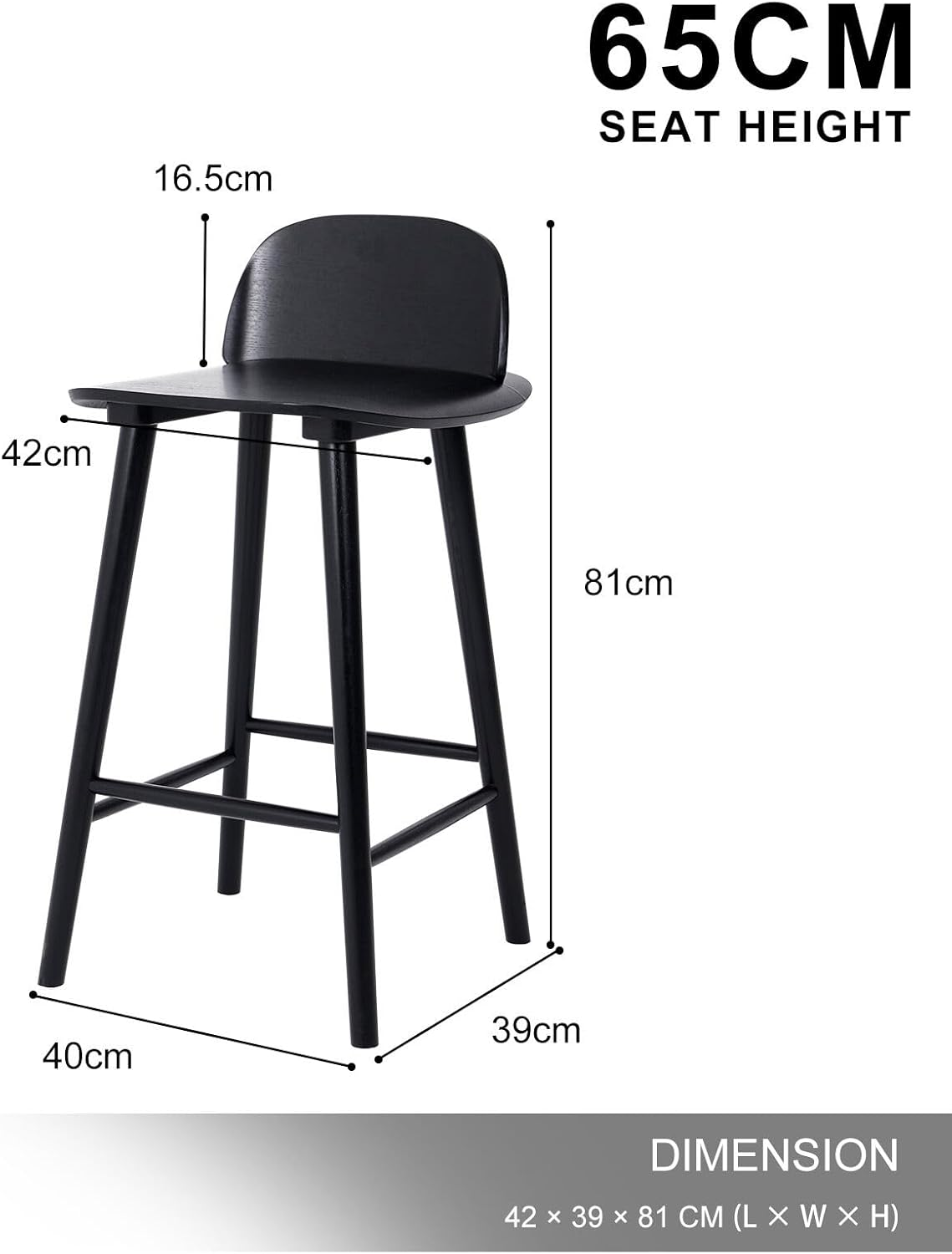 La Bella Elise Ash Wood Bar Stool Set of 2 &ndash; 65Cm Seat Height, Scandinavian Design, Wide Curved Backrest, Natural Finish, Fully Assembled, for Kitchen Island or Caf&eacute; image number 2